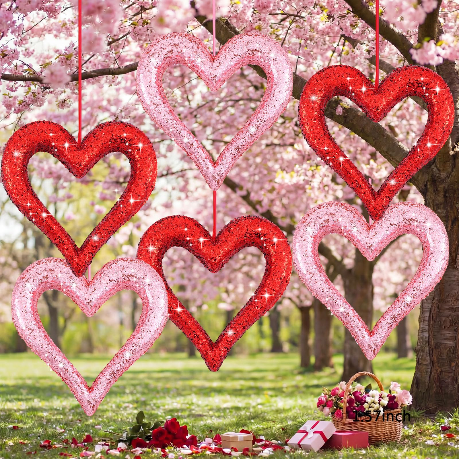 Photo 1 of Lineshading 6 Pcs Large Heart Ornaments for Valentines 10'' 3D Glitter Heart Hanging Ornament for Tree Wreath Door Home Window Valentine's Day Wedding Holiday Decor(Red and Pink,Coarse Glitter)