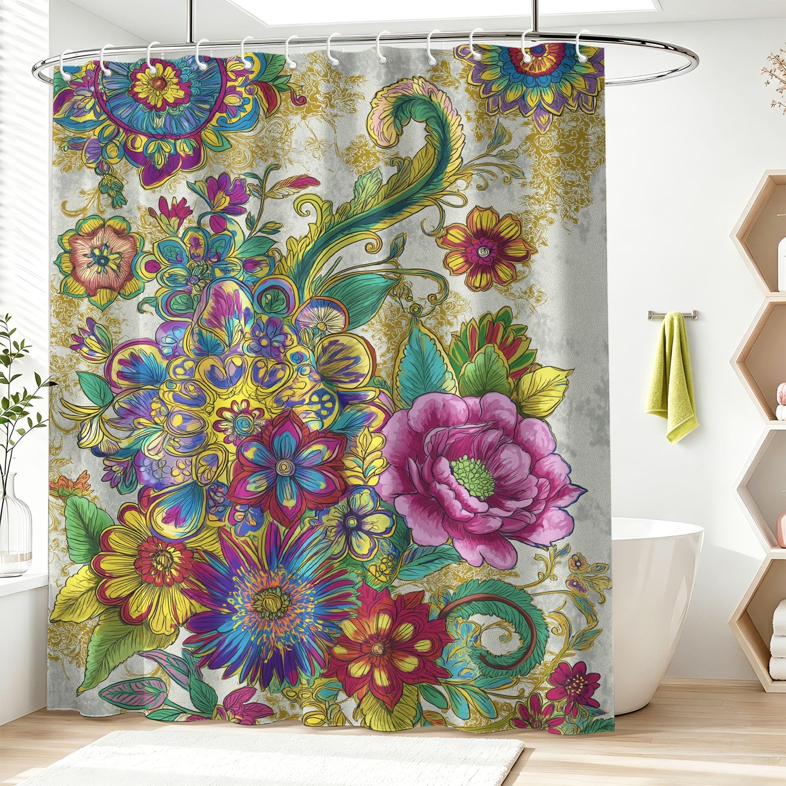 Générique Rideau Douche Luxueux Floral, Rideau de Douche 180 x 200 cm Anti Moisissure Tissu Lavable Romantique Pivoine Liane Rideaux Salle de Bain Baignoire avec Crochets, Vert