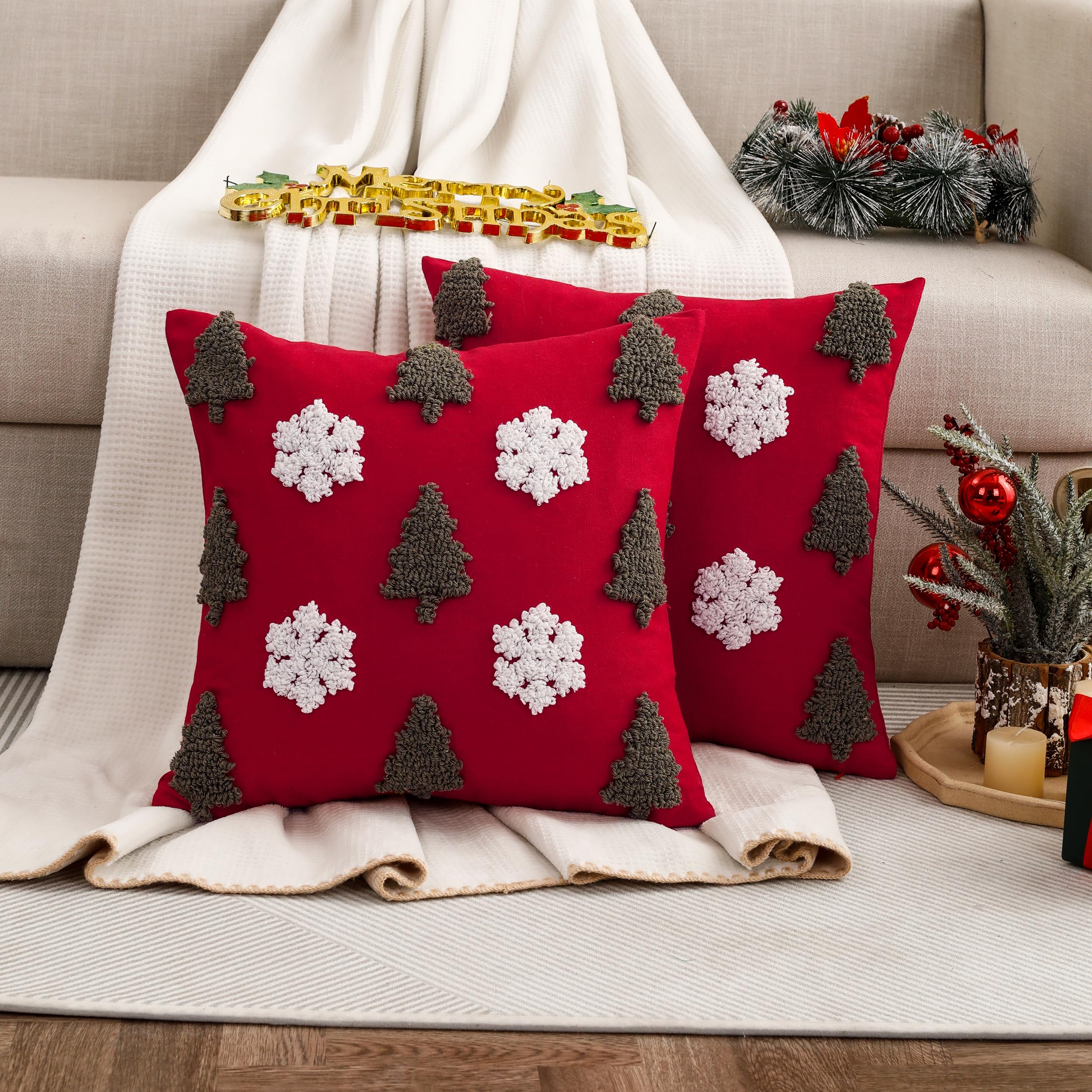 Tosleo Set of 2 Christmas Cushion Cover Cotton Linen Christmas Tree and Snowflake Tufted Deco 18 x 18 inch Pillowcase Merry Xmas Winter Decorative for Sofa Bed Chair Living Room Home Xmas Decor - Image 2