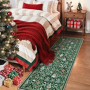 Madane Christmas Hallway Runner Rug - 2x5 Washable Green Runner Rugs Non-Slip Low-Pile Kitchen Xmas Holiday Decor Laundry Room Rug Throw Carpet for Entrance Bedroom Living Room