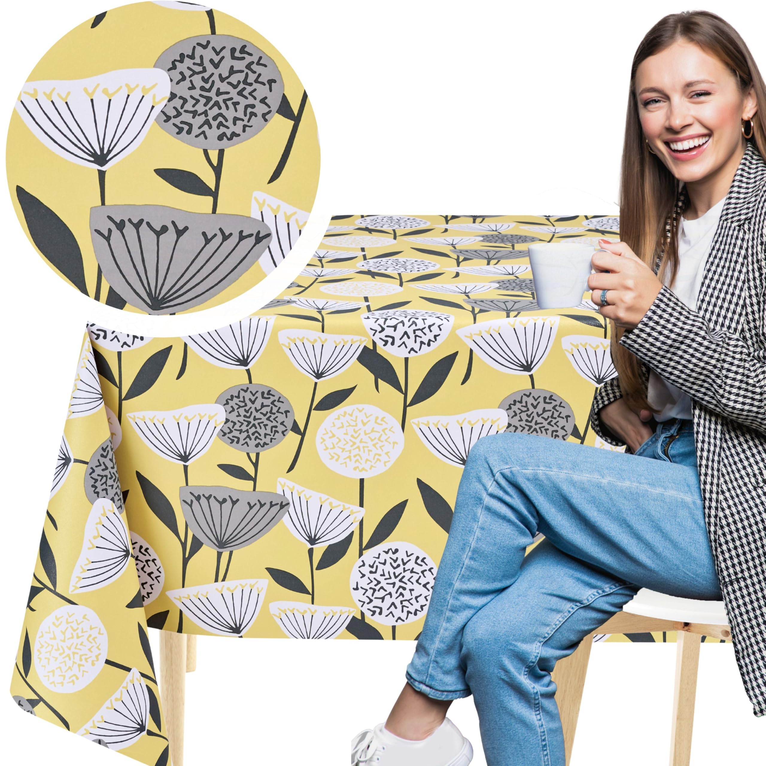 KP HOME Yellow PVC Tablecloth Wipeable Square 55.1"x 55.1" -140x140cm Floral Plastic Table Cover with Shimmer Effect Table Waterproof Table Cloth Wipe Clean Protector With Large Grey Flowers Oilcloth