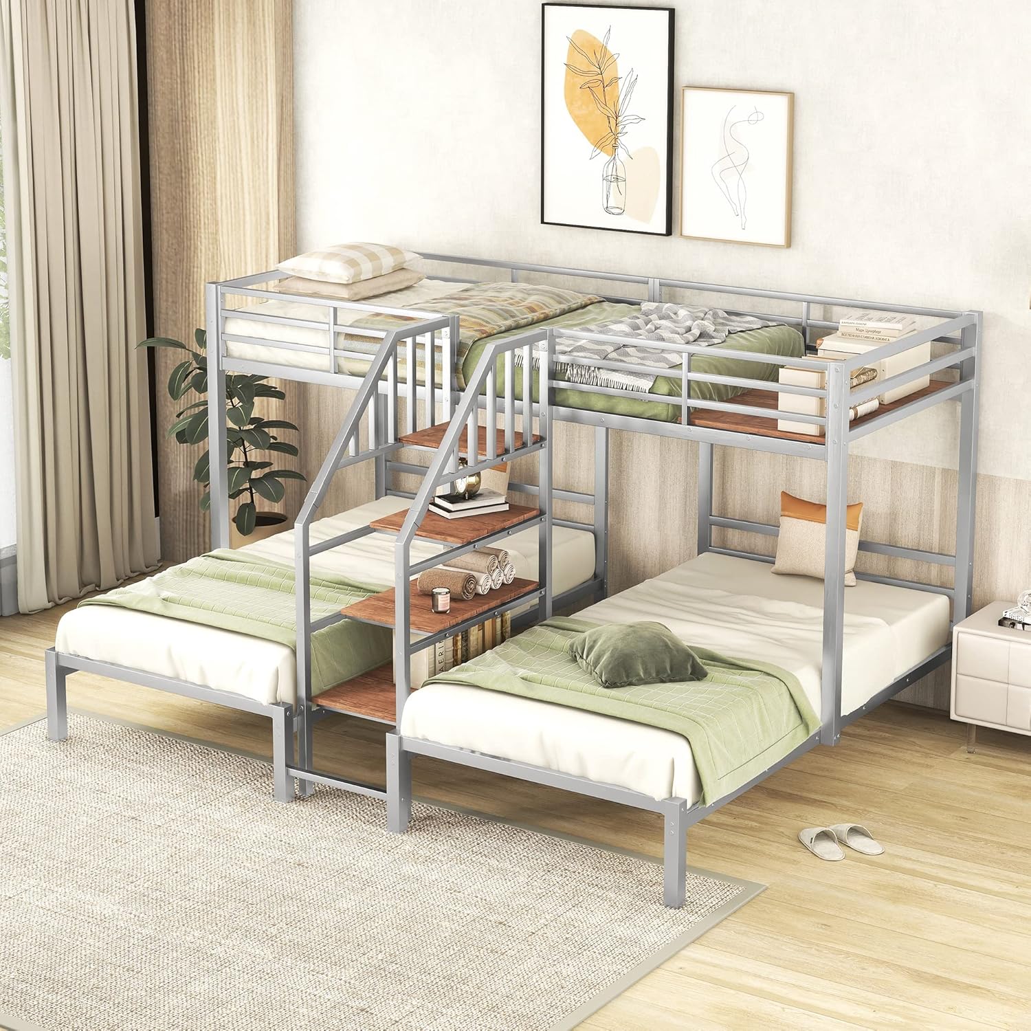 Harper & Bright Designs Triple Bunk Beds with Stairs, Metal