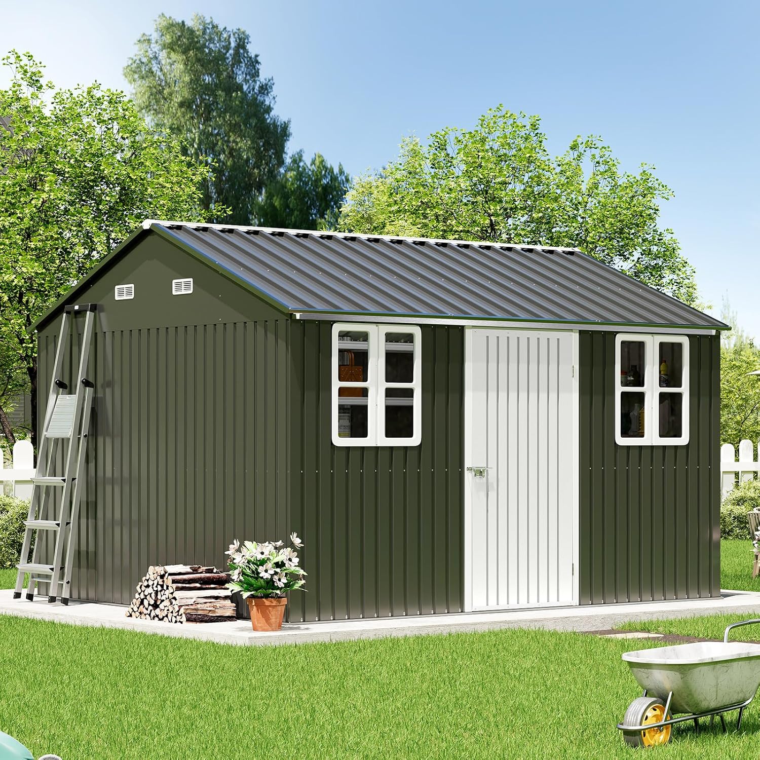 VanAcc 10x12 FT Metal Outdoor Storage Shed - Nordic Cottage Design, Lockable Door, 2 Windows for Backyard & Garden, Dark Grey/White