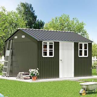 VanAcc 10x12 FT Metal Outdoor Storage Shed Nordic Cottage Style Lockable Door 2 Windows Dark Grey Backyard Garden