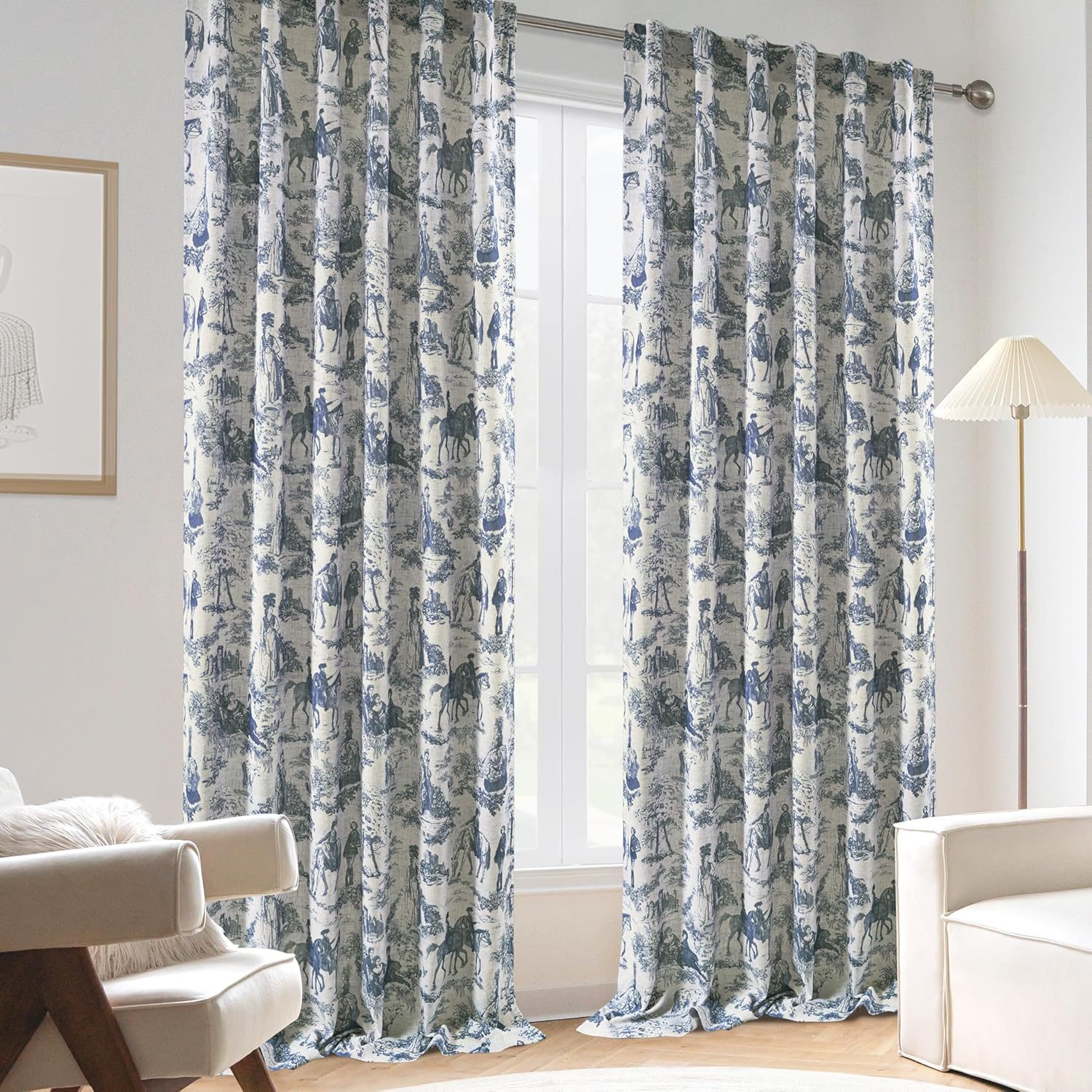 DriftAway 100% Blackout Toile Linen Curtains for Bedroom Double Layer Farmhouse French Country Vintage Printed Pattern Thermal Sound Lined Back Tab Living Room Drapes 84 inch Length 2 Panels Navy