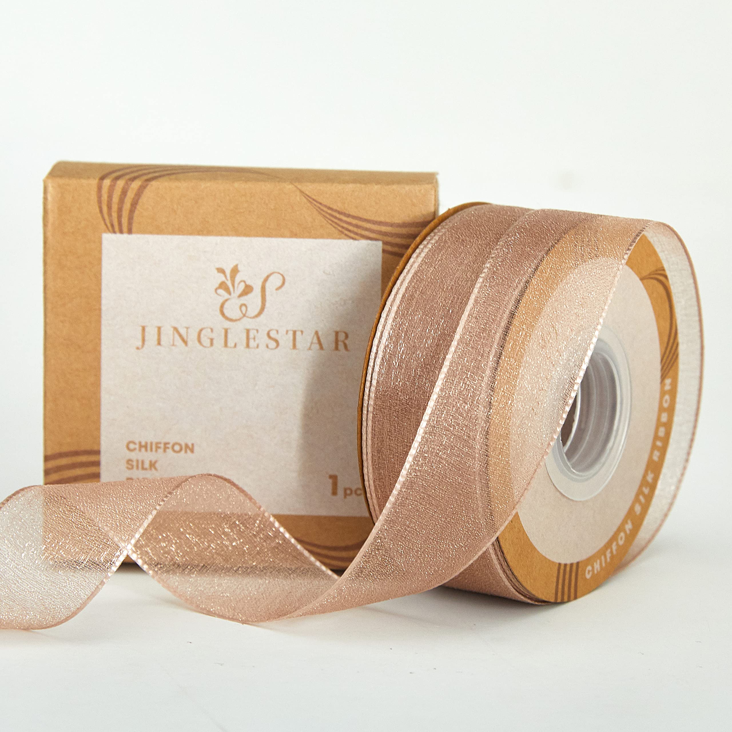 JINGLESTAR 1 Inch Wide Sheer Chiffon Ribbon - Pearl Silk Woven Ribbon Suitable for Gift Wrapping, Wedding Decor, Home Decor, Girl Hair Accessories Handmade DIY (25 Yards/roll) (Khaki)