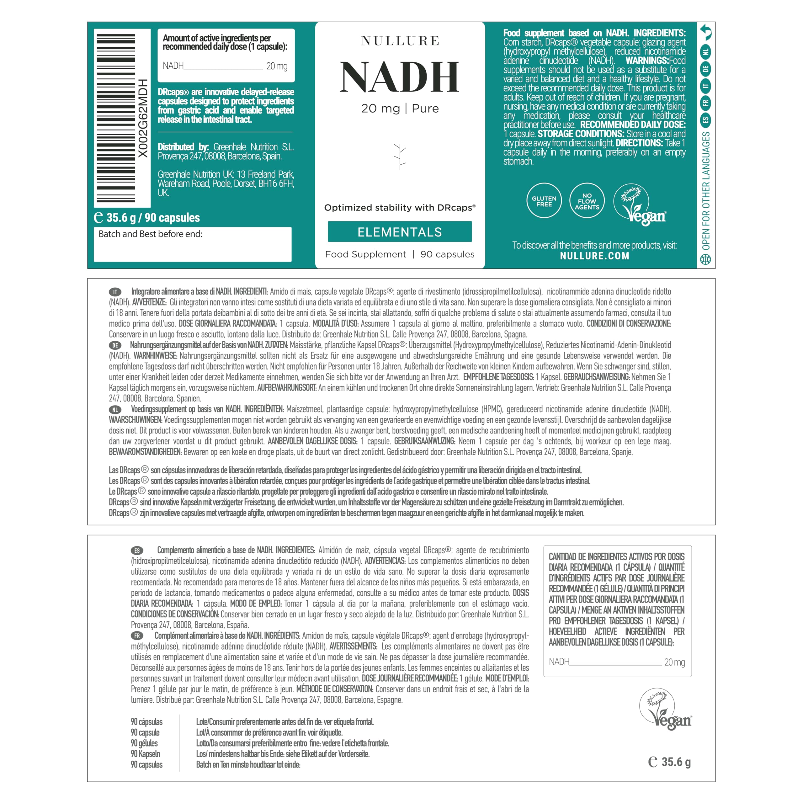 Nullure NADH 20 mg | Absorption optimisée avec DRcaps® | Énergie · Clarté Mentale · Santé Cellulaire | Testé par tiers | Sans Stéarate de Magnésium | Vegan | 90 gélules| Fabriqué à Barcelone