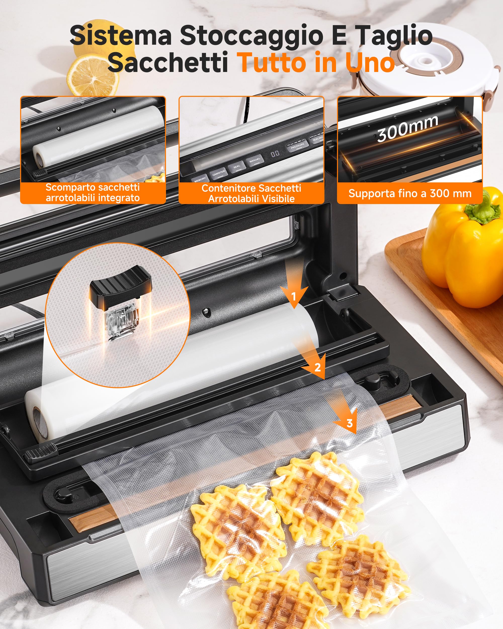 Macchina Sottovuoto 95 kPa, 9-in-1 Macchina Sottovuoto Alimenti con Modalità Tempo & Pressione Regolabili, Memoria, Doppia Sigillatura, Taglierina & Porta Sacchetti Integrati, Incl. 2 Rotoli &Tubo