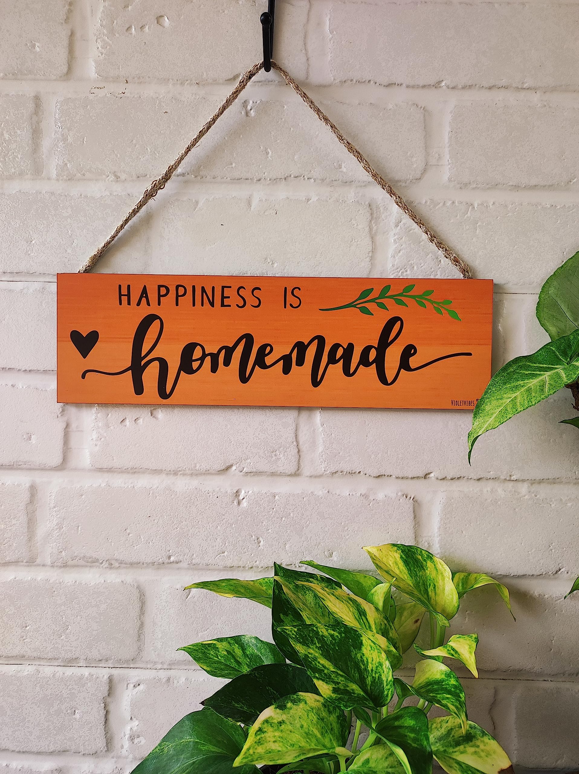 Violet Vibes Happiness Is Homemade | 13 X 4 Inches Rectangular Wooden Wall Plank | With pasting and hanging option