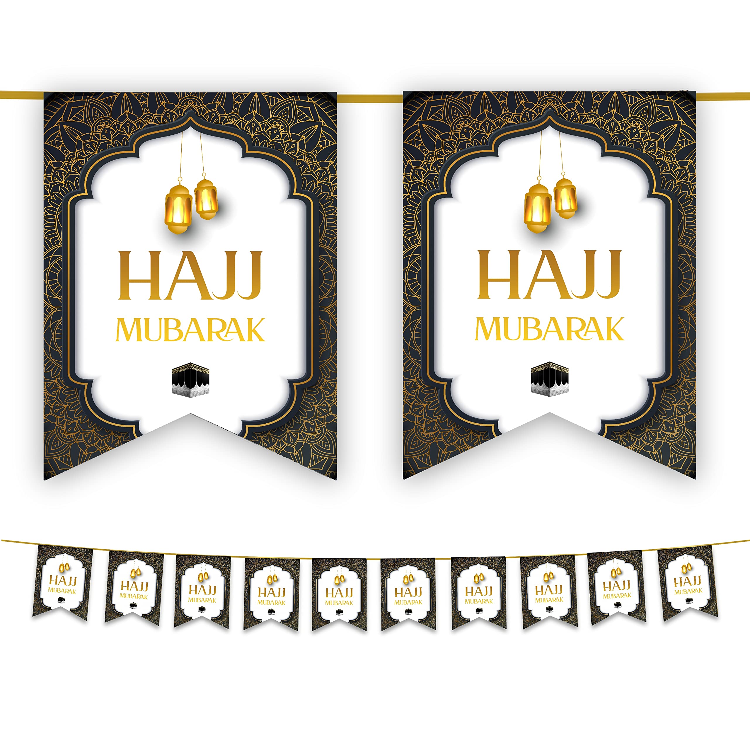 Hajj Mubarak Bunting Flags Decoration - 10 Flags on Ribbon Rope - Black & Gold Kaaba Design
