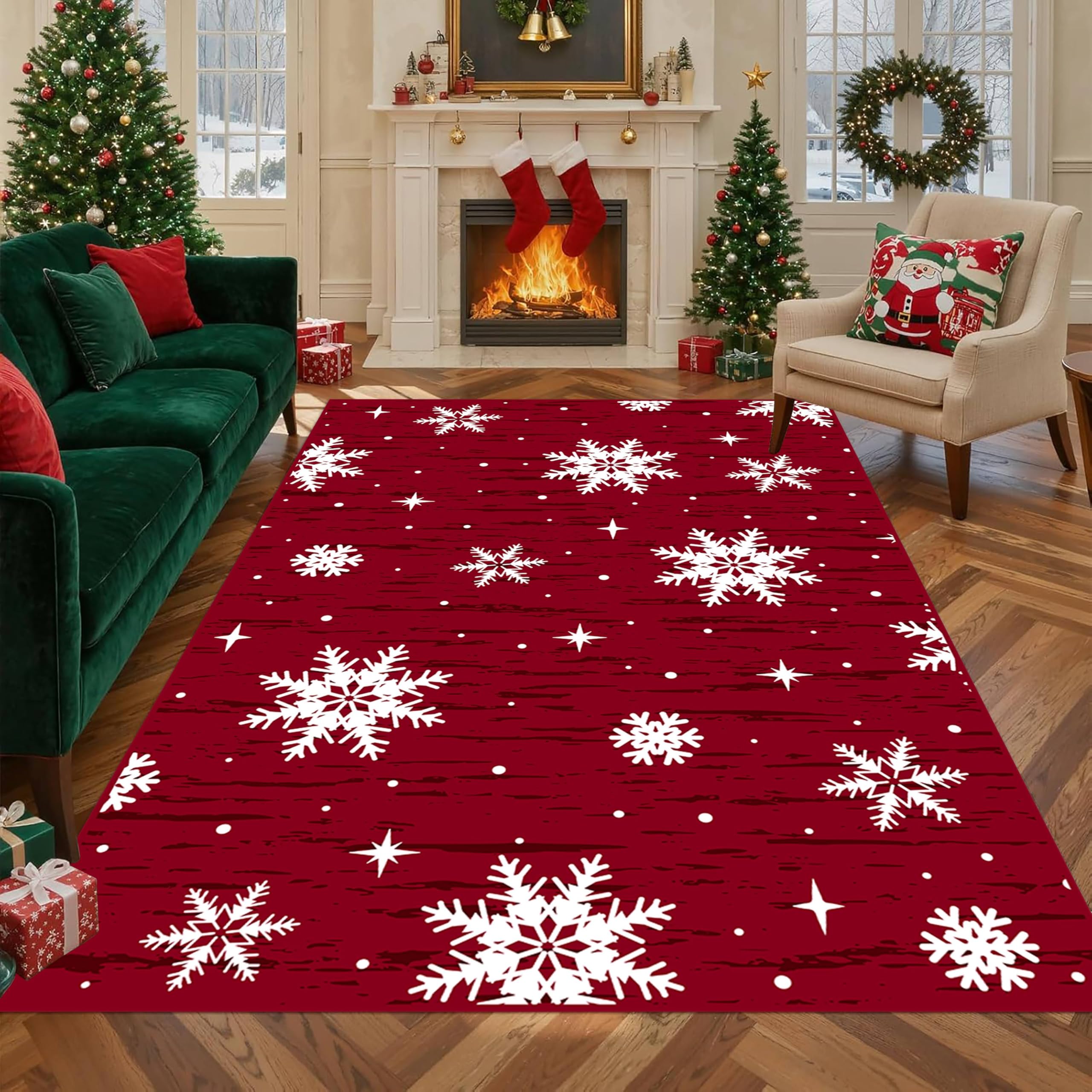 LHOMKCV Christmas Rug for Living Room, 60x90cm, Modern Stars Beautiful Snowflake Print Red Carpet, Washable Non Slip Breathable Christmas Festival Area Rugs for Home Office Hall Bedroom