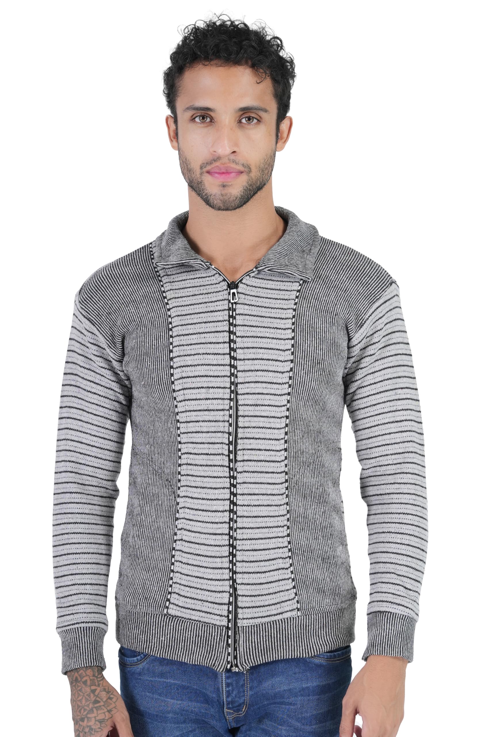 Men's Thick Wool Striped Pattern Collared Neck Full Sleeve Zipper Sweater with Side Pockets Jacket for Winter-image-3