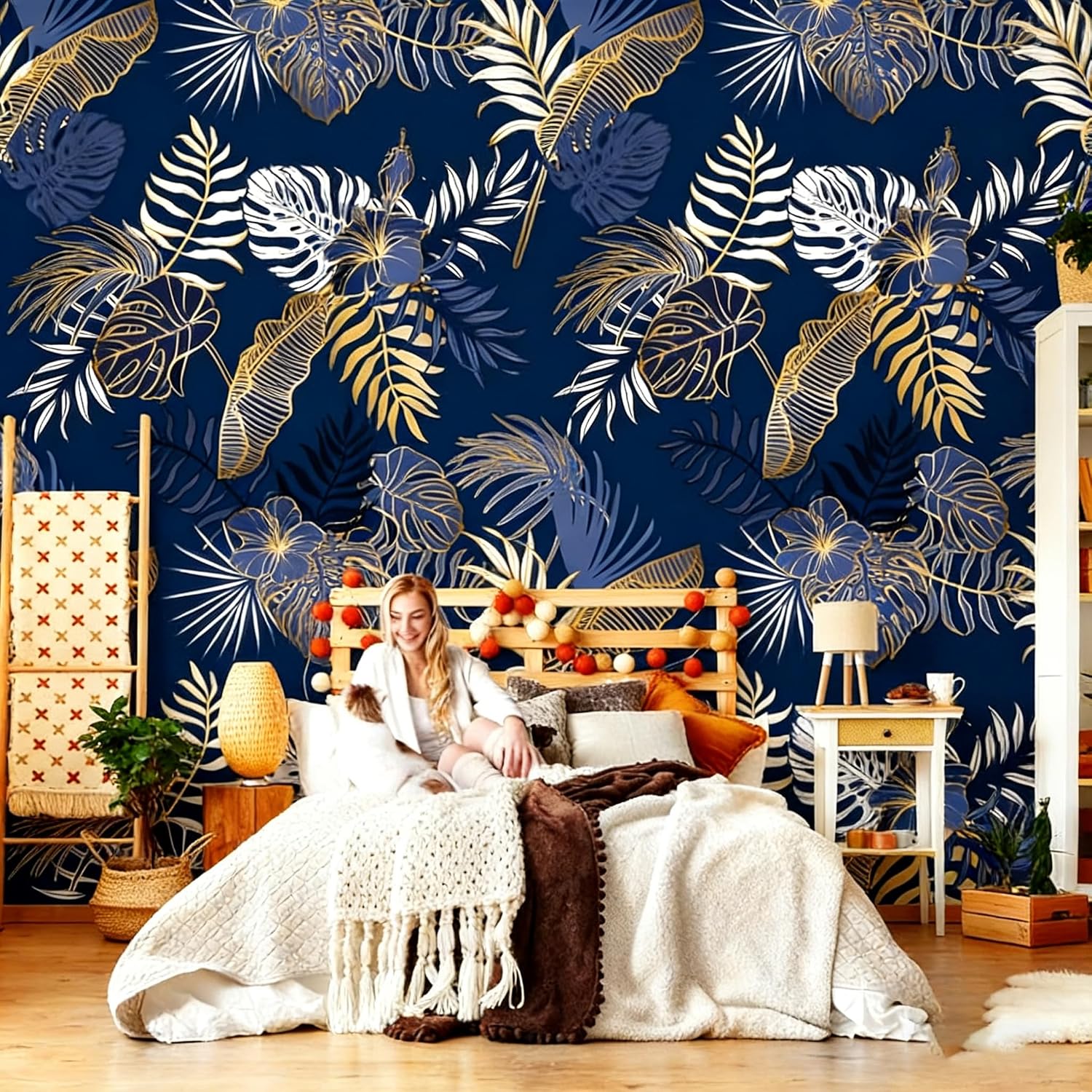 Luxury Tropical Palm Leaves Wallpaper Mural, Navy Blue Gold White, Modern Botanical Pattern, Large Scale Wall Decor for Bedroom Dining Room Wallpaper (Color9, 137" L×98" H)