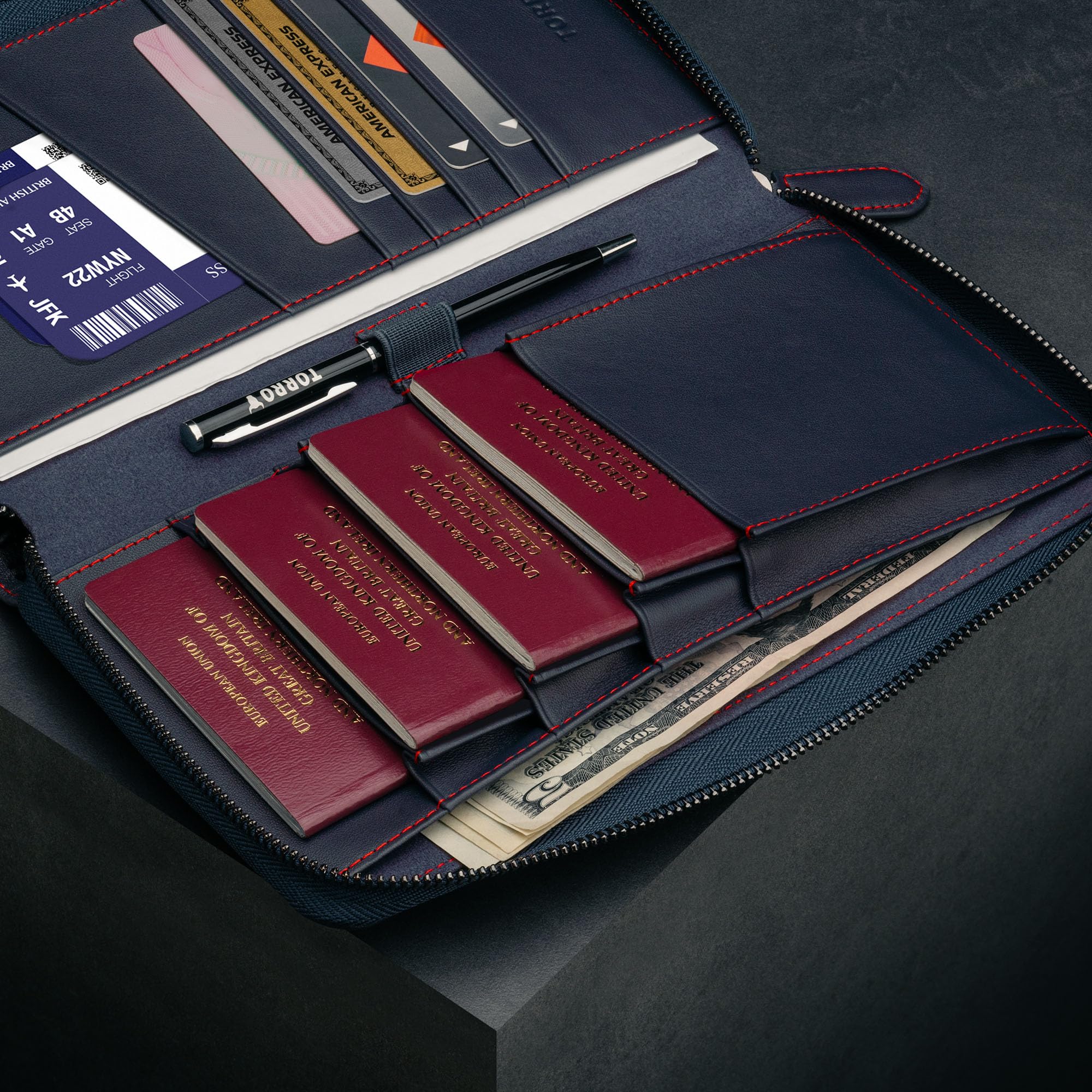 TORRO Cartera de Viaje Familia – Organizador de Viaje de Cuero de Primera Calidad/Cartera de Viaje con Soporte para Pasaporte Familia para 4 Pasaportes (Azul Marino)