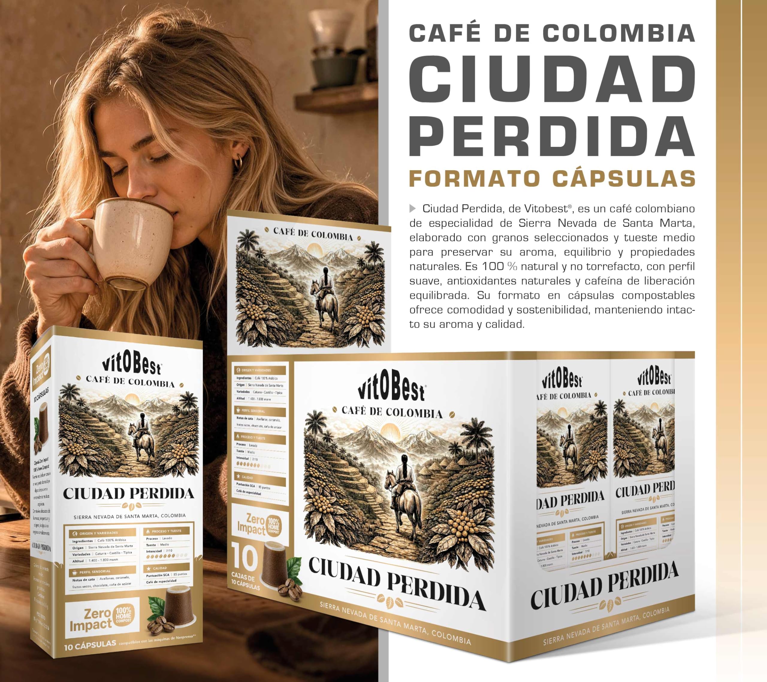 VITOBEST | Café de Colombia Ciudad Perdida en Cápsulas | Café de especialidad seleccionado de alta pureza | Tueste medio, 100% natural, sin torrefacto ni azúcares añadidos