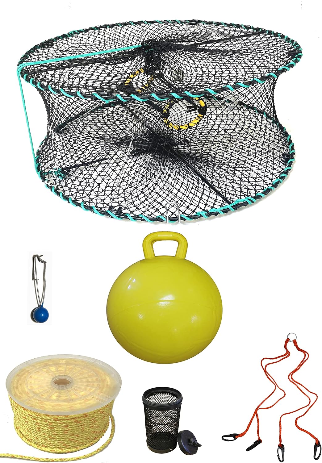 KUFA Sports Foldable Prawn Trap (Stretched Mesh Size:1-1/8") with 400' Rope, Yellow Float, Bait Bag & Harness Combo