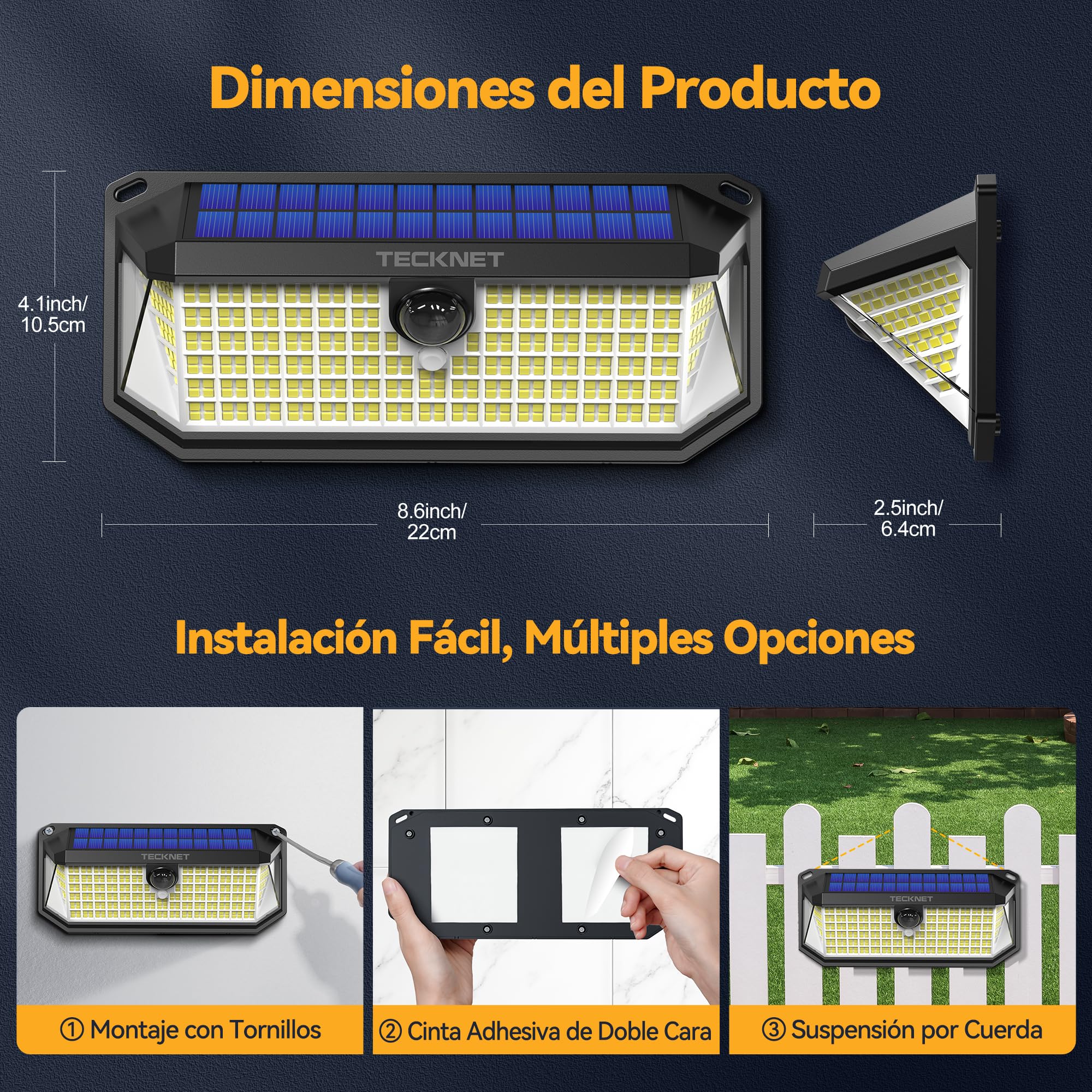 TECKNET Luz Solar Exterior, 4200lm 416 LED Focos Led Exterior Solares de Movimiento 300° Iluminacion 3 Modos IP66 Impermeable Focos Led Solares para Jardín, Garaje, Patio, 2 Paquete