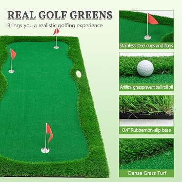 Golf Putting Green Mat, Large Professional Golf Training Mat with 3 Holes, 3 Flags,1 Movable Cup and 2 Slope Pad for Indoor Outdoor Putting Practice