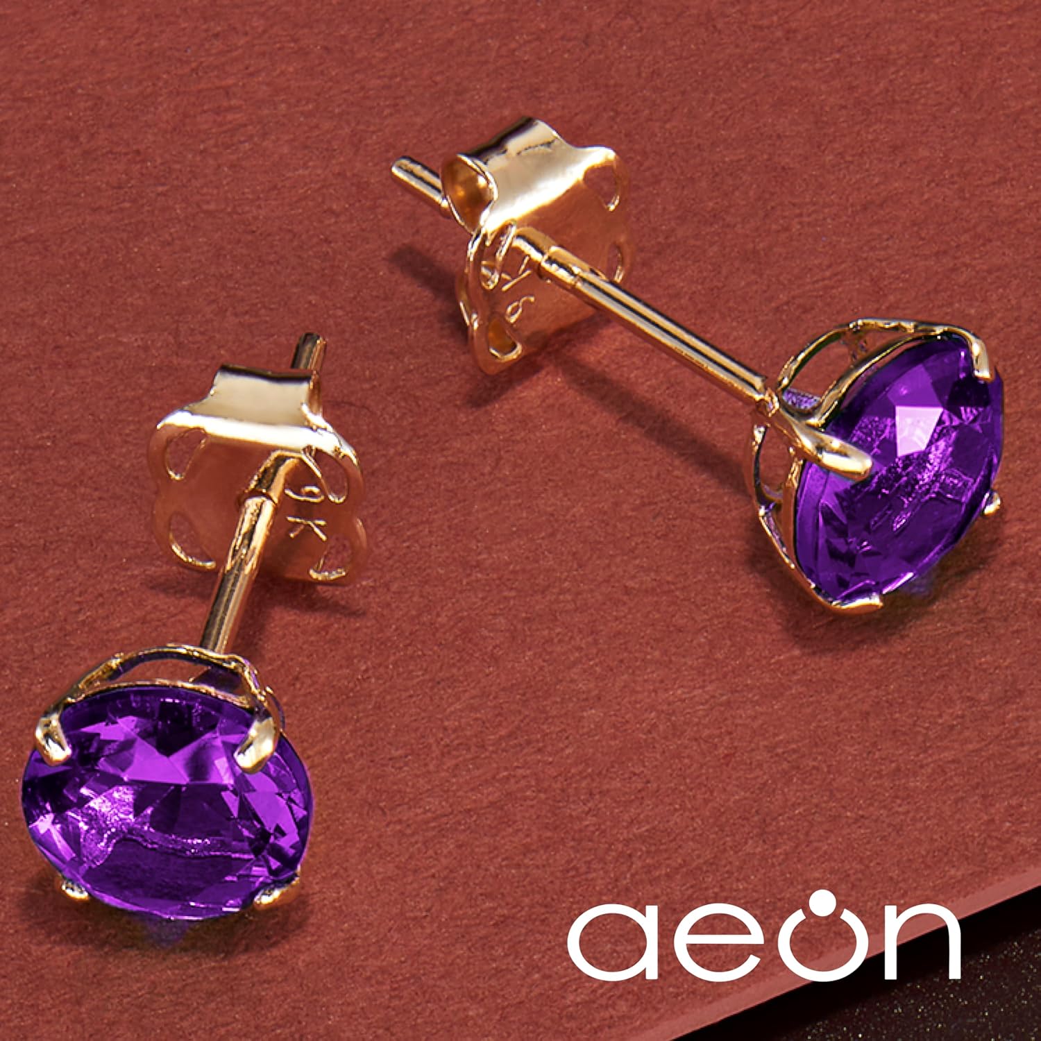 Women's & Girls' Hypoallergenic 9ct Gold Amethyst Stud Earrings. February Birthstone. 5mm *5mm by Aeon image 5