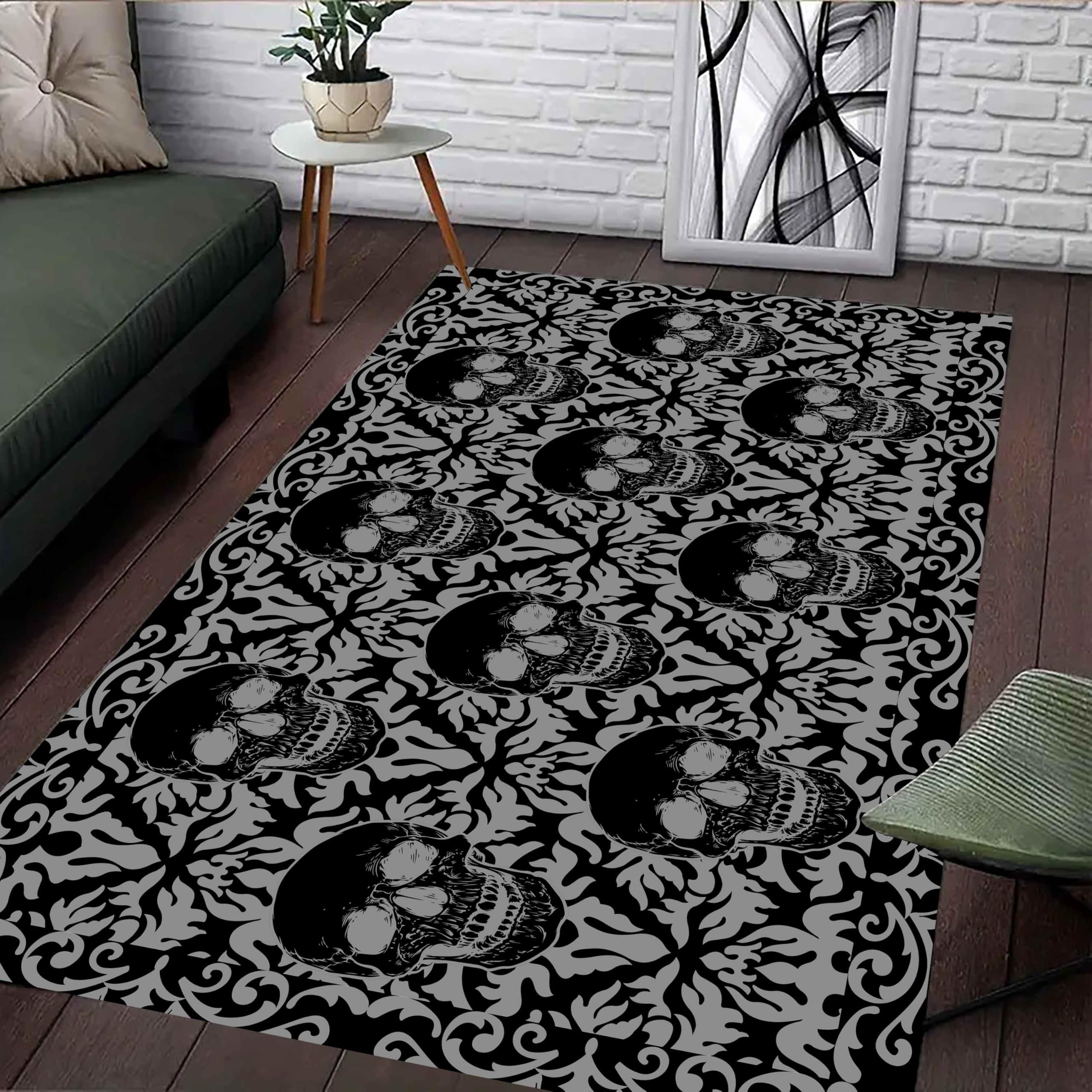 Gothic Skull Area Rug 5x8ft Vintage Black and White Snake Flowers Halloween Rug Fun Carpet Cool Rugs Horror Floor Mat Doormat Goth Room Decor for Hallway Living Room Bedroom Bedside: Skull 5 6x8ft