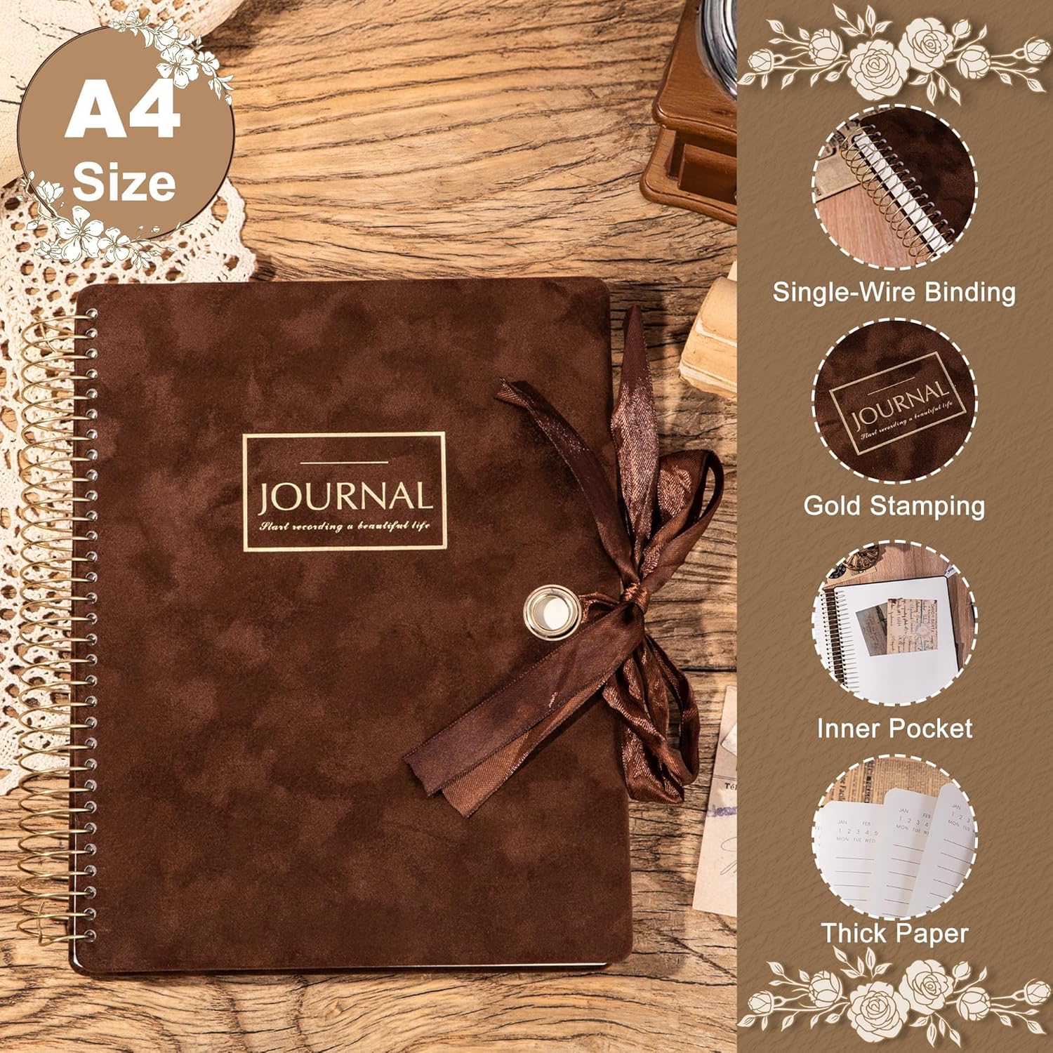 FLYING EAGLE 300 Pages Thick Spiral Notebook Journaling Notebooks Vintage Velvet Journal for Women Men A4 Lined Journals for Writing with Gift Box, 8.5 x 11in, Brown