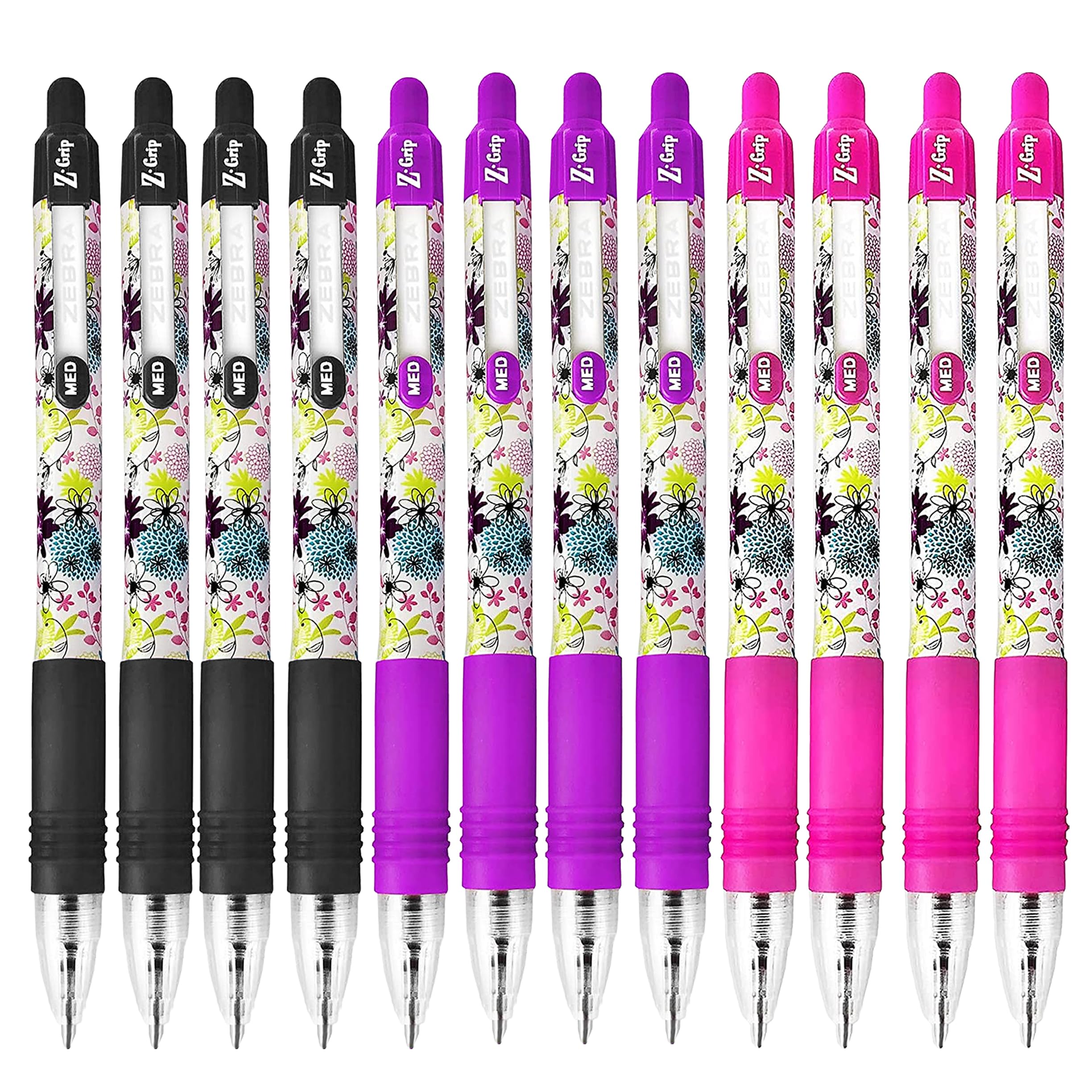 Zebra Z-Grip Funky Brights Retractable Ballpoint Pen - Black, Pink, Violet Floral Barrel - Coloured Ink, 12 stück (1er Pack)