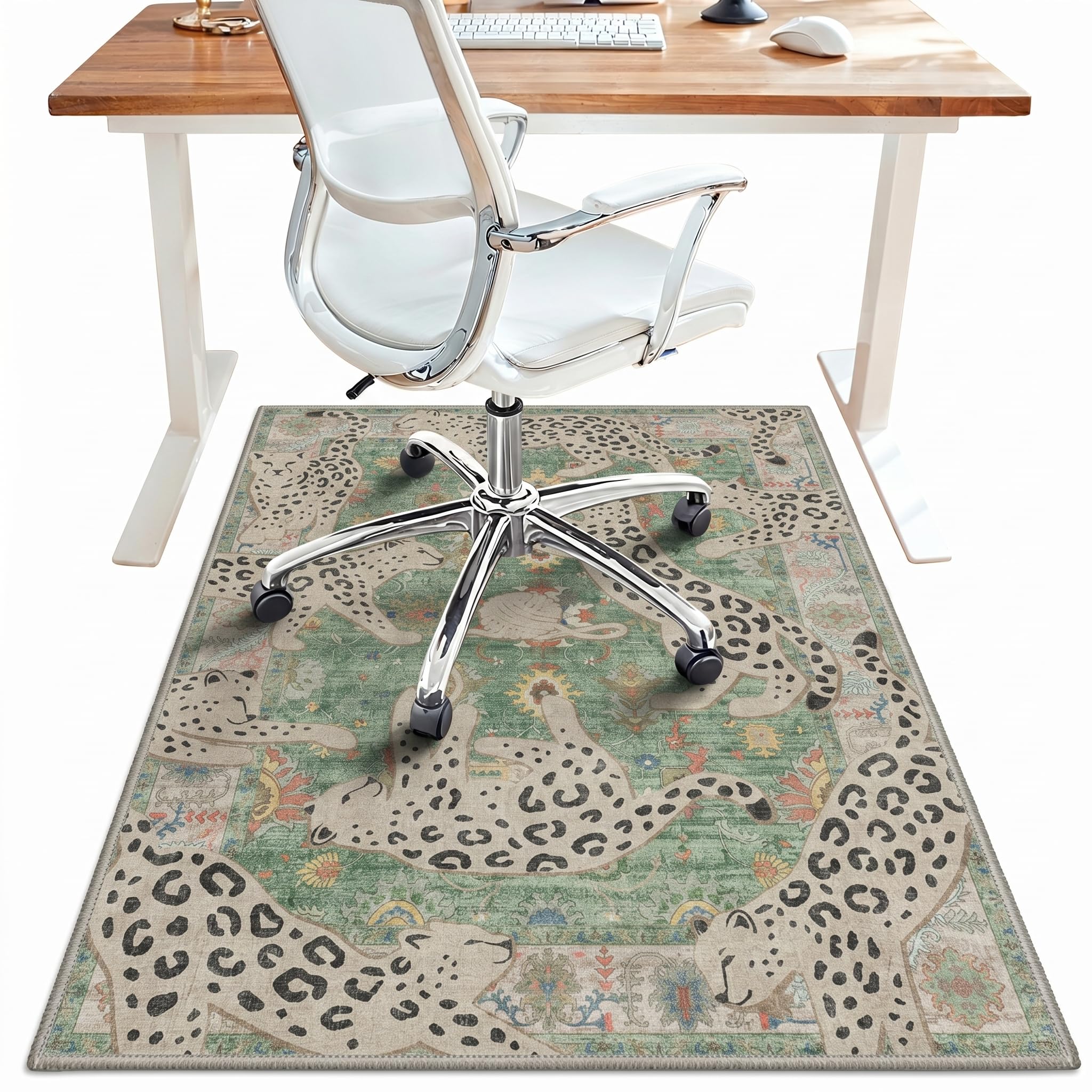 48"x72" office chair mat for hardwood tile floor, under desk carpet protector for rolling computer chair mat, machine washable area rug, anti-slip 1/5" thick low pile thin floor mat, leopards sage