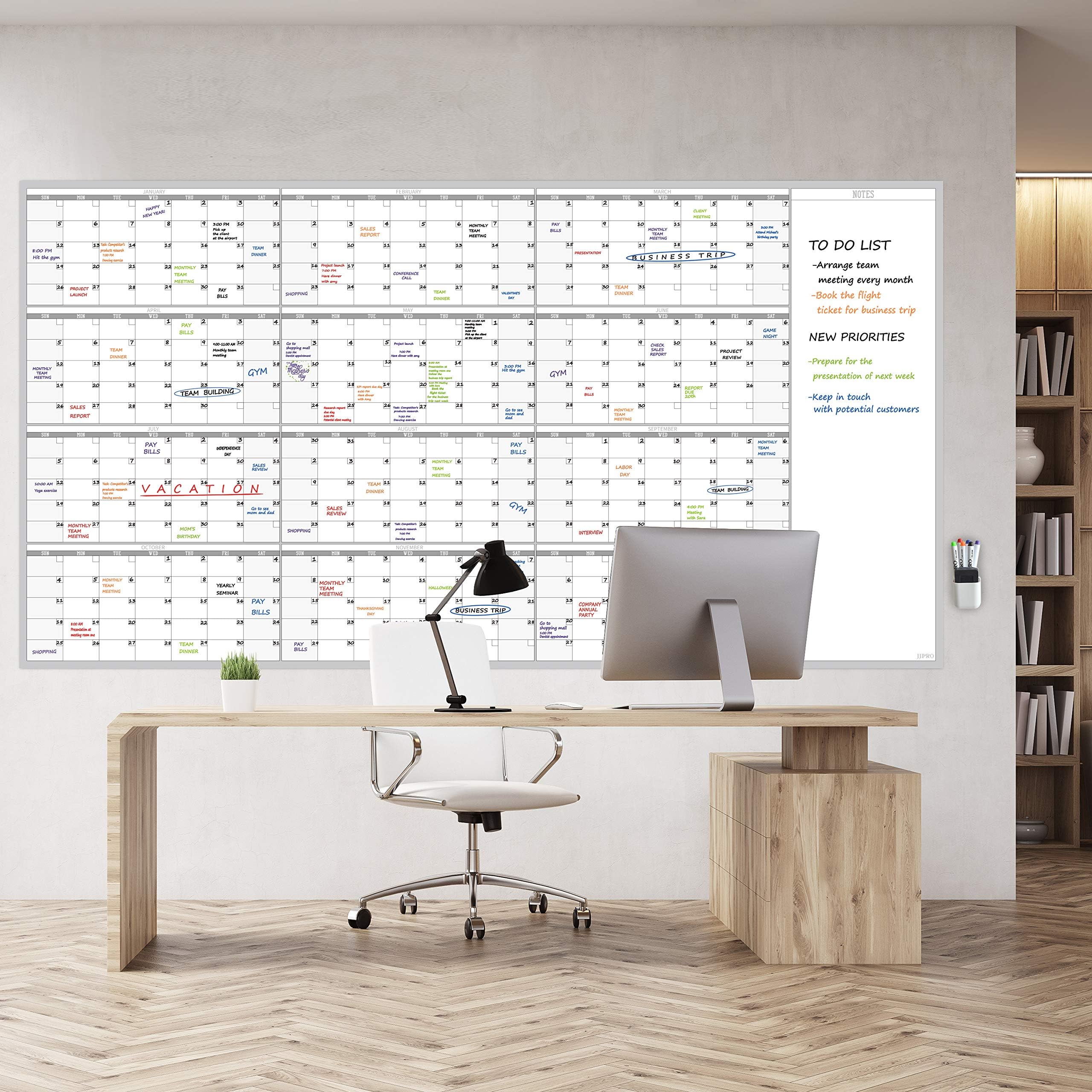 Calendario annuale da parete grande, riutilizzabile, cancellabile a secco, formato jumbo, 12 mesi, laminato di alta qualità, 96,5 x 182,9 cm, planner annuale non datato per casa, ufficio, progetti