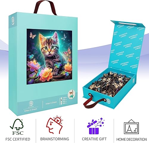 Miniatura 7 de Mys Aurora Rompecabezas de madera, rompecabezas de madera de gatito en ensueño, 200 piezas, rompecabezas de madera con forma de lujo único para
