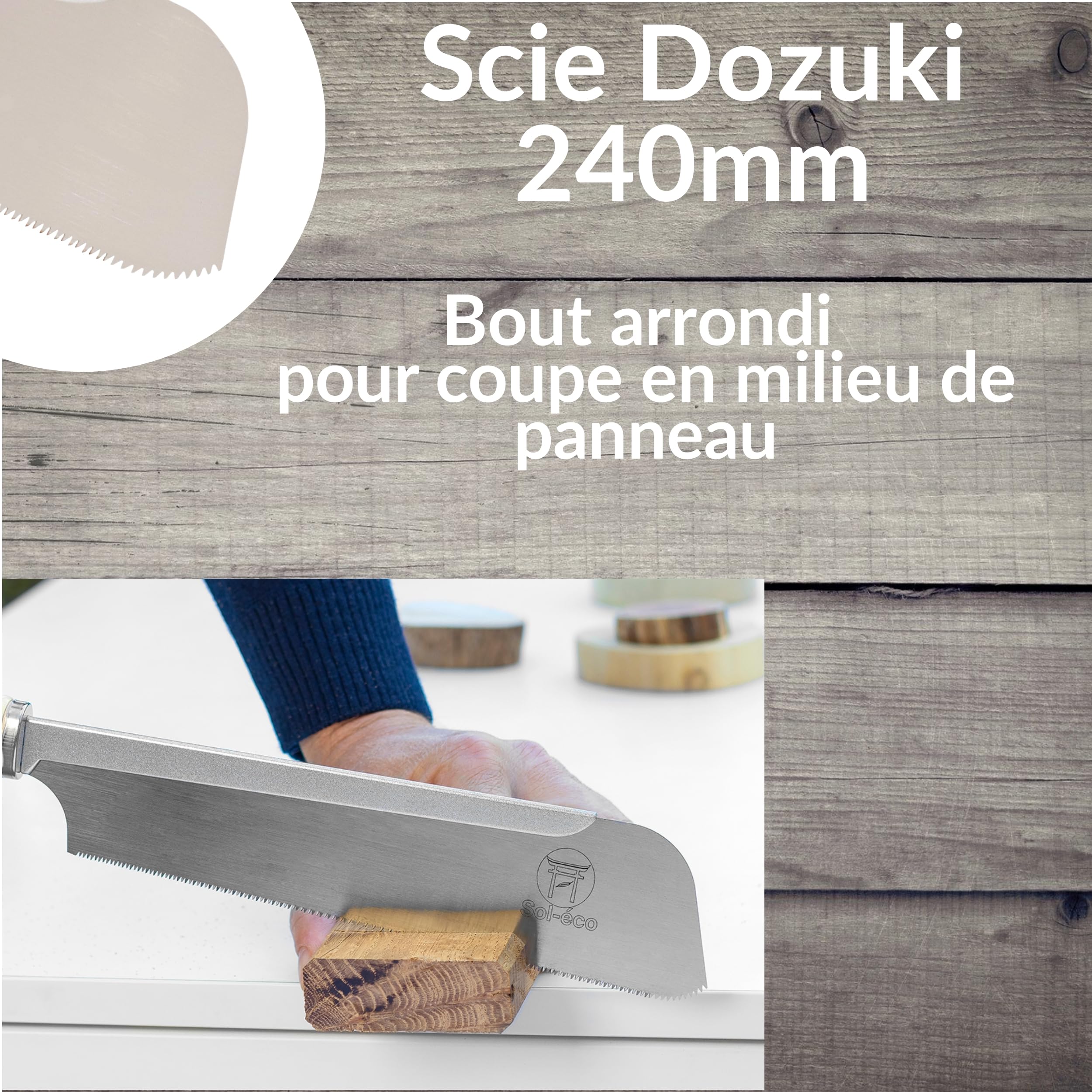 (Sol-éco) Sierra Japonesa DOZUKI 240 - Sierra manual - Fab. Japón | Para madera - Hoja fina con barra transversal rígida - Carpintería, ebanistería in situ - Mango tradicional de ratán