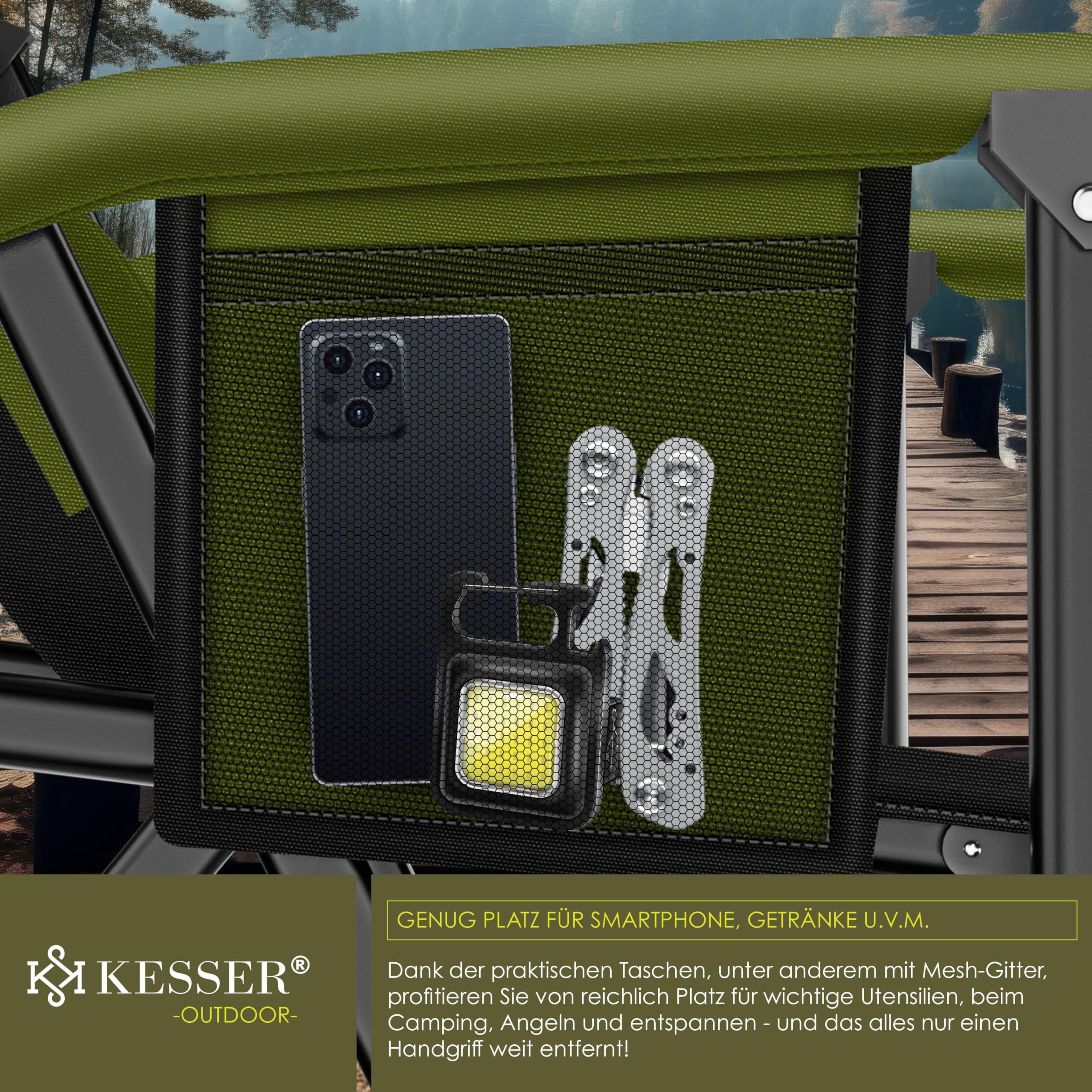 KESSER® Sedia da Campeggio Pieghevole Fino a 160 kg, Imbottita con Braccioli, Luce da Campeggio, Portabicchieri, Borsa con Schienale Alto, con Porta Canne da Pesca, Khaki/Nero
