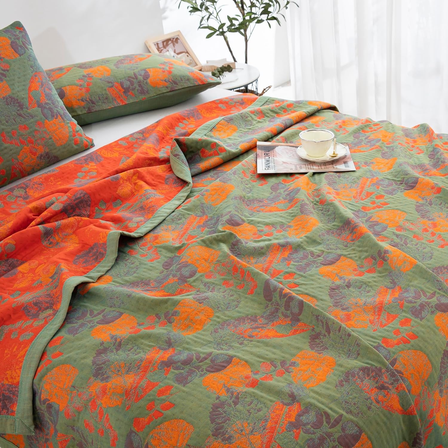 100% Cotton Muslin Blanket Jacquard Ginkgo Leaf Floral Pattern Quilt, Soft Bed Cover Lightweight Breathable Gauzy Reversible Bedspread Coverlet Bedding Full/Queen(78"x94"), No Pillow Sham - Image 4