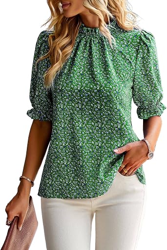 ZILIN Womens Summer Boho Floral Shirt Top Ruffle Mock Neck Puff Short Sleeve 2026 Casual Blouses