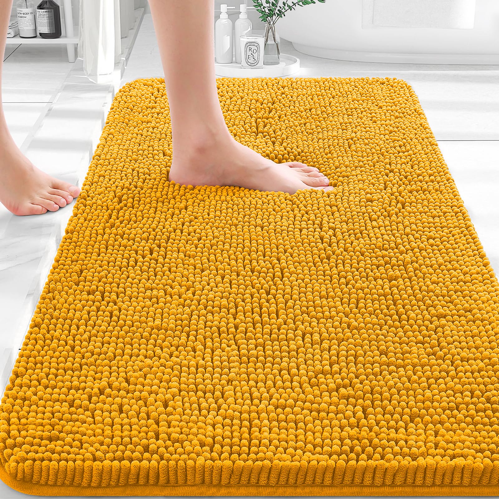 OLANLY Bathroom Rugs 30x20, Extra Soft Absorbent Chenille Bath Rugs | Golden Yellow, Quick-Drying Rubber Backing, Washable Bath Mat for Bathroom Floor, Tub and Shower, Home Decor Accessories
