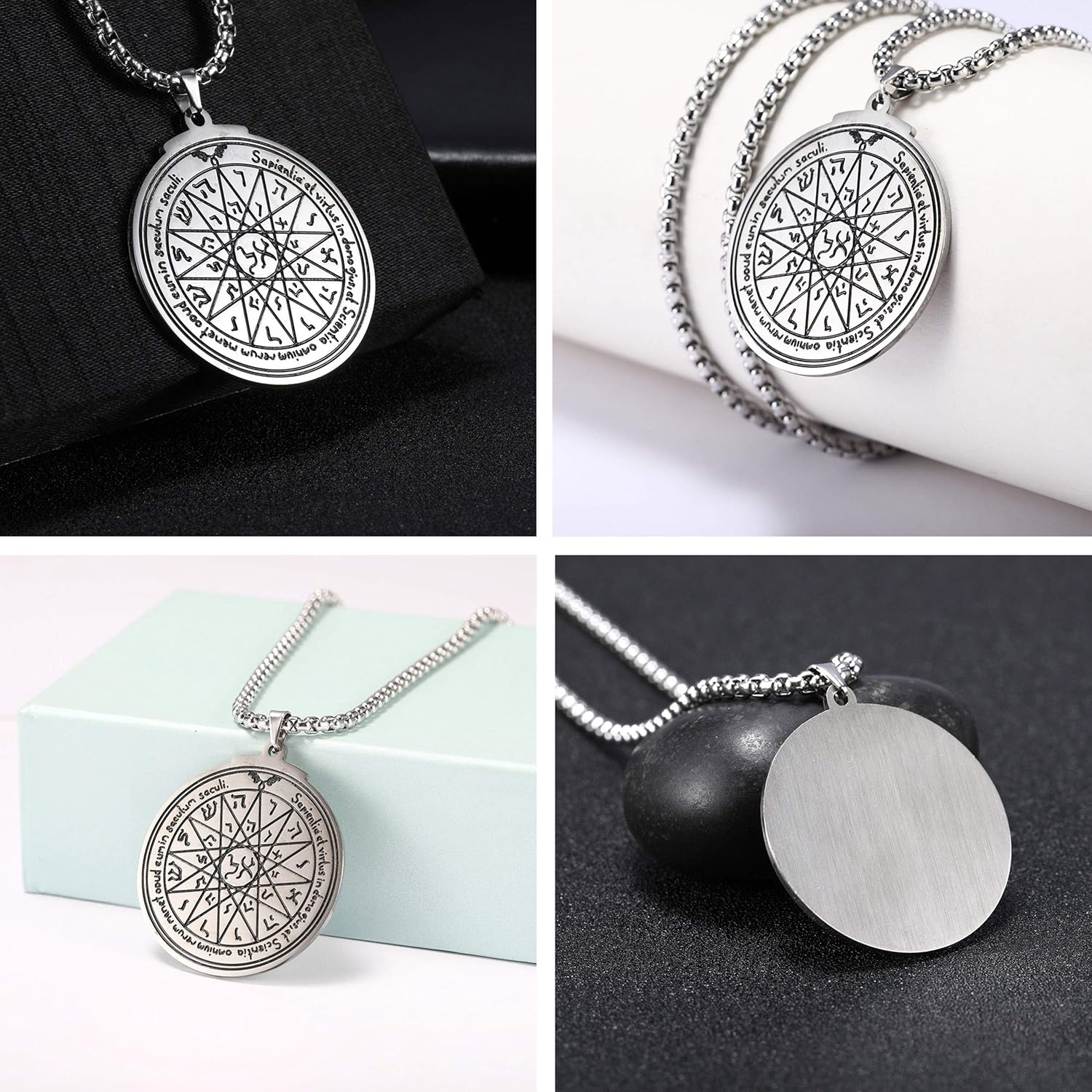 VASSAGO Stainless Steel Fourth Pentacle of Mercury Pendant Necklace Key of Solomon Seal Round Charm Wide Chain Talisman Jewelry for Men - Image 4