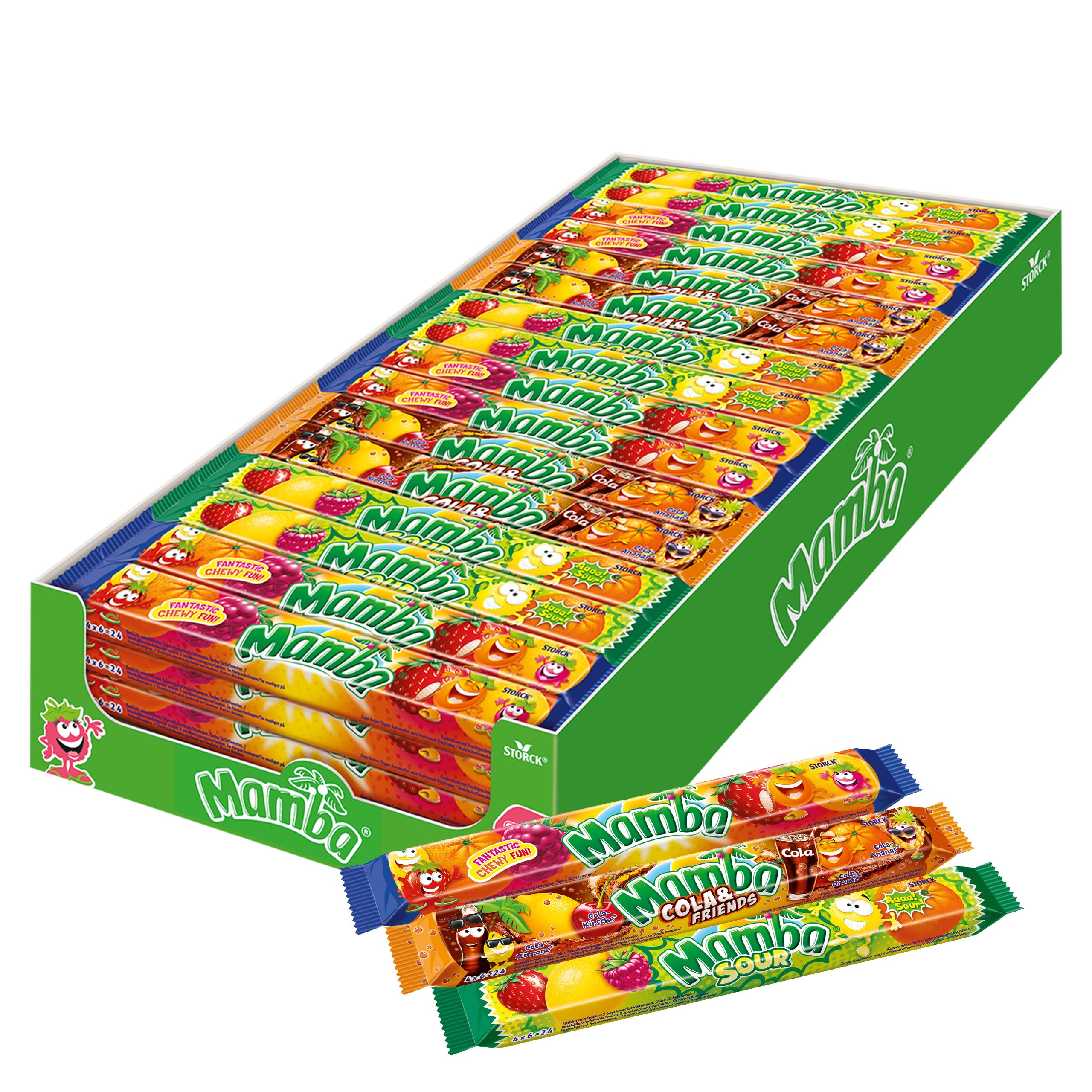Mamba Kaubonbon Mix – 80 x 106g (4er Stange) – 3-fach sortierte Fruchtbonbons mit Mamba Classic, Sour und Cola & Friends