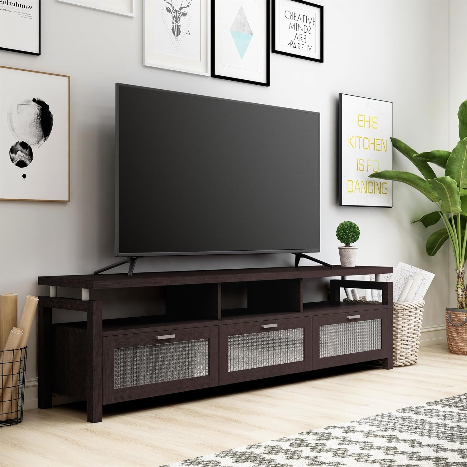ioHOMES YNJ-1433-5 Vintner Contemporary TV Stand with 3 Open Shelves, Media TV Console Stand with 3 Storage Glass Front Compartments, 70", Espresso