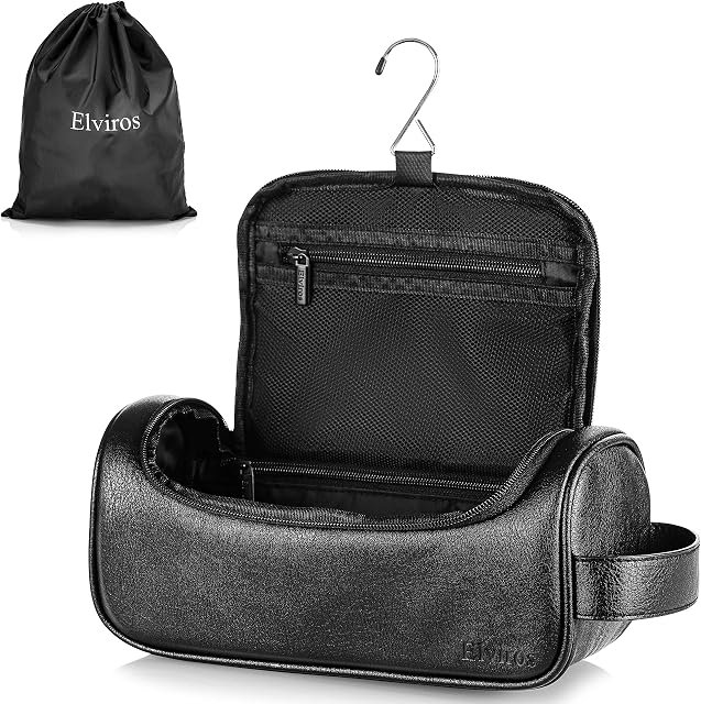 Elviros Water-Resistant PU Leather Toiletry Bag for Men Travel Wash Bag Shaving Dopp Kit Bathroom Gym Toiletries Makeup Organizer with Free Wet Dry Bag (Black-Medium)
