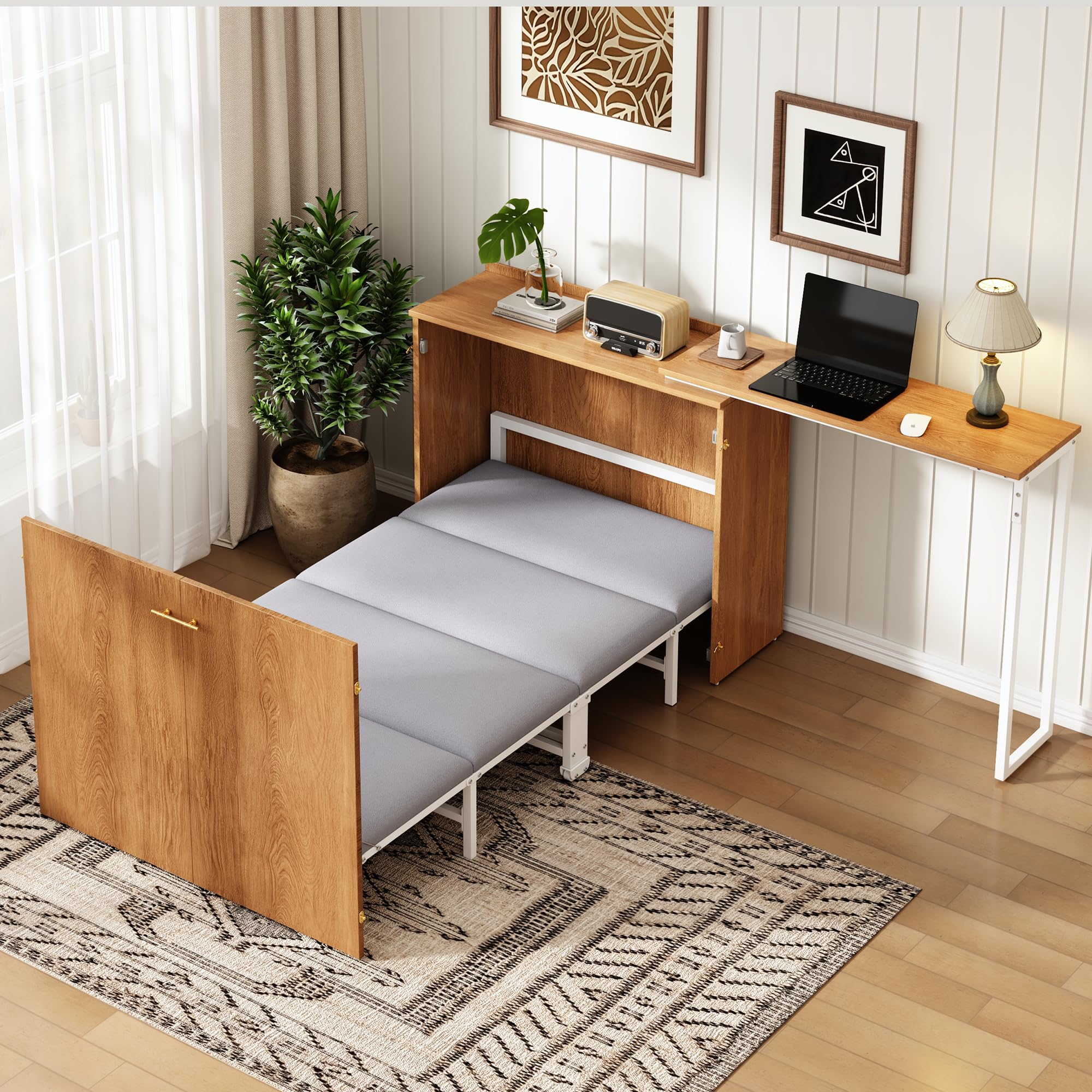 Merax Klappbett 90x200 cm, mit drehbarem Schreibtisch & Matratze, platzsparendes Schrankbett mit Rollen, faltbares Wandbett für kleine Räume, Gästezimmer & Homeoffice, inkl. Matratze