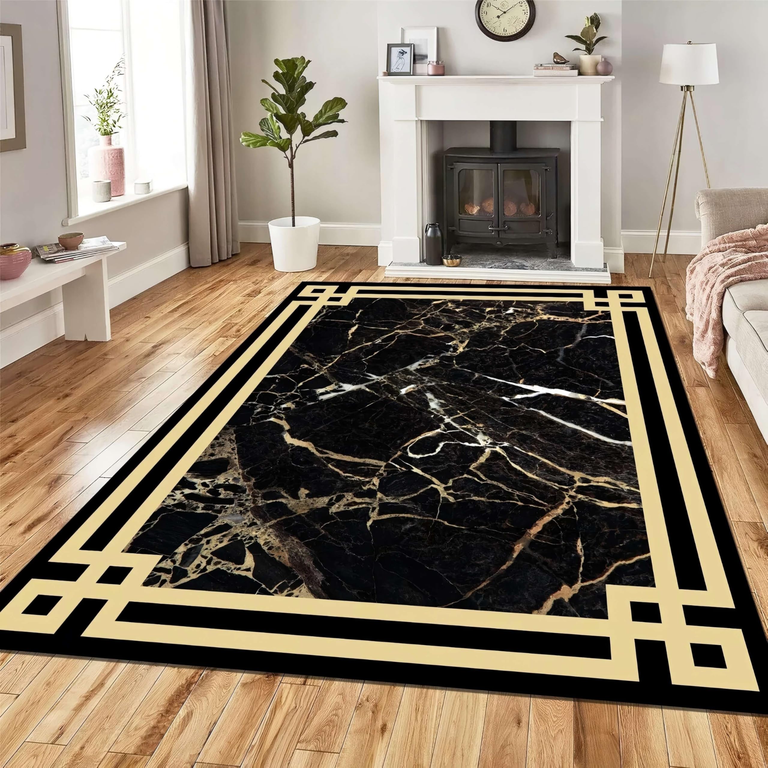 SMXVRC Luxury Black Gold Bedroom Rug, 70x140cm, Modern Black Gold Marble Floor Carpet, Easy Clean Durable Anti-Slip with Non Slip Backing Dirty Resistant Area Rugs for Front Porch Study Room