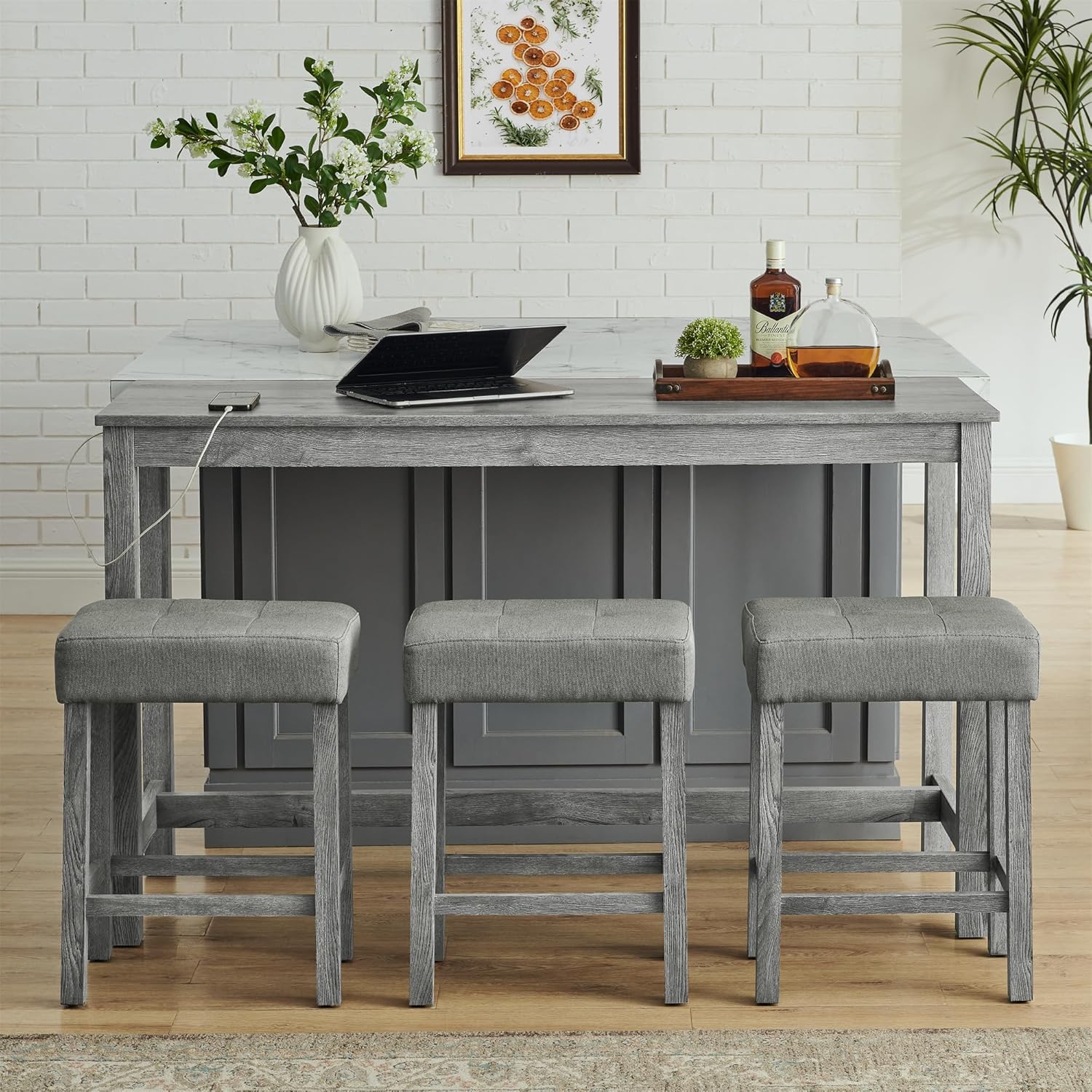 KEIKI 4-Piece Bar Table Set with Charging Station - 59" Industrial Kitchen Table & 3 Upholstered Stools, USB/Type-C/AC Outlets, Solid Wood Frame - for Dining Room, Apartment, Living Room (Grey)