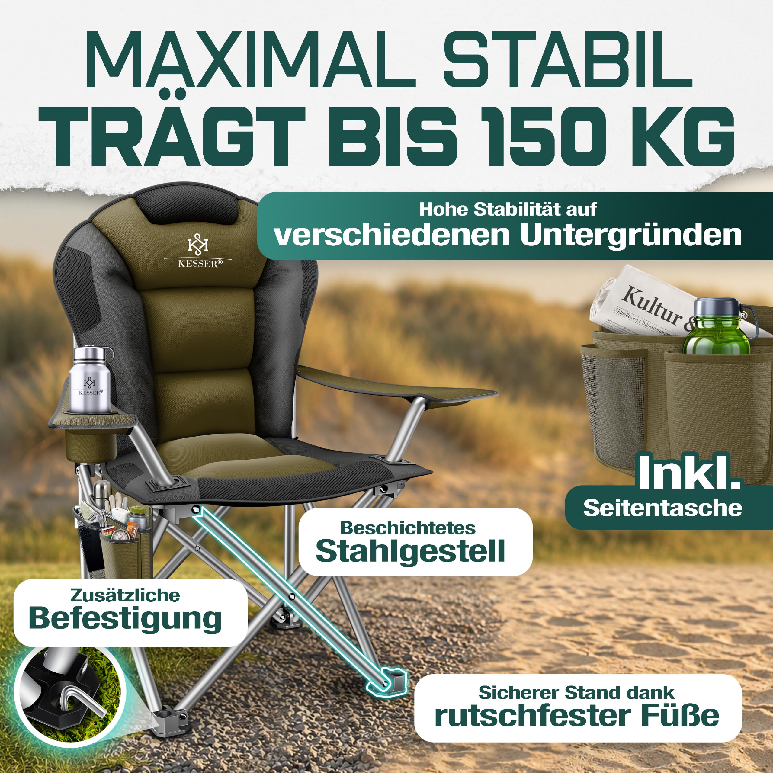 KESSER krzesło kempingowe, składane, do 150 kg, krzesło wędkarskie, składane krzesło tapicerowane podłokietnikami i uchwytem na napoje + torba z wysokim oparciem, krzesło plażowe, składany taboret