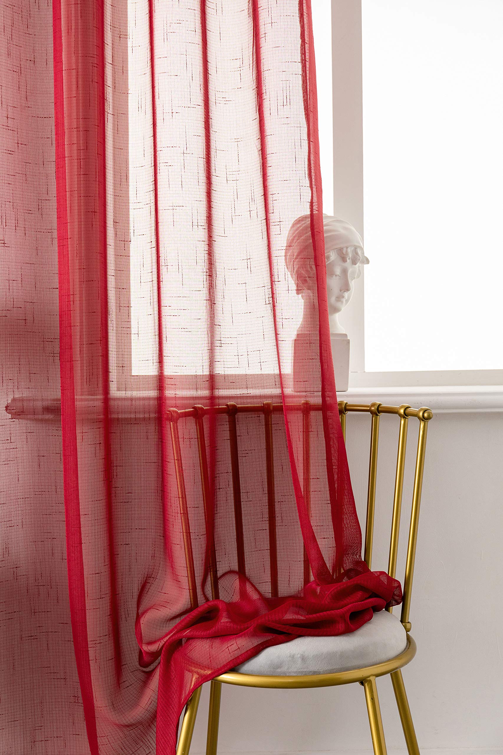 GIRASOLE 1 Paar Gardinen Vorhänge aus transparentem Voile in Leinenoptik, für Wohnzimmer, Schlafzimmer, Balkon und Fenster im Innenbereich, 2 Vorhänge mit Ösen (rot, 140 x 290 cm)