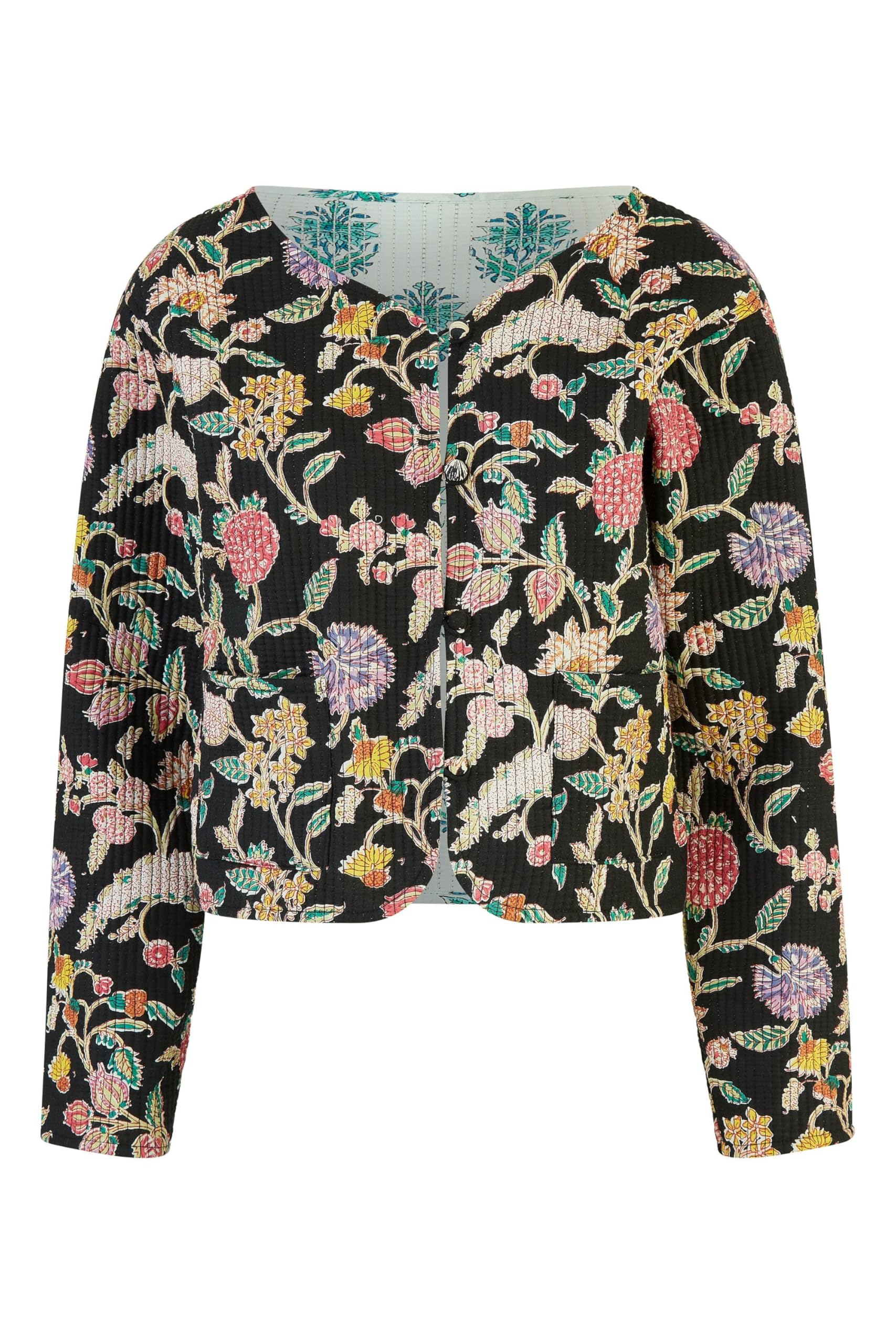 Yumi Black Floral Print Reversible Cotton Cropped Quilted Jacket 16 Black