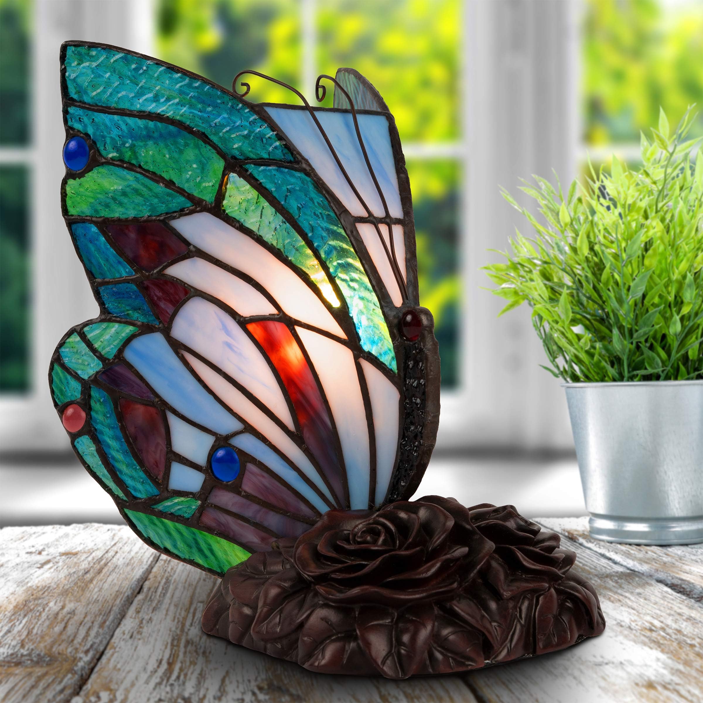 Lavish Home Tiffany Style Butterfly Lamp - Stained Glass Table or Desk Light LED Bulb - Colorful Vintage Look Butterfly Decor