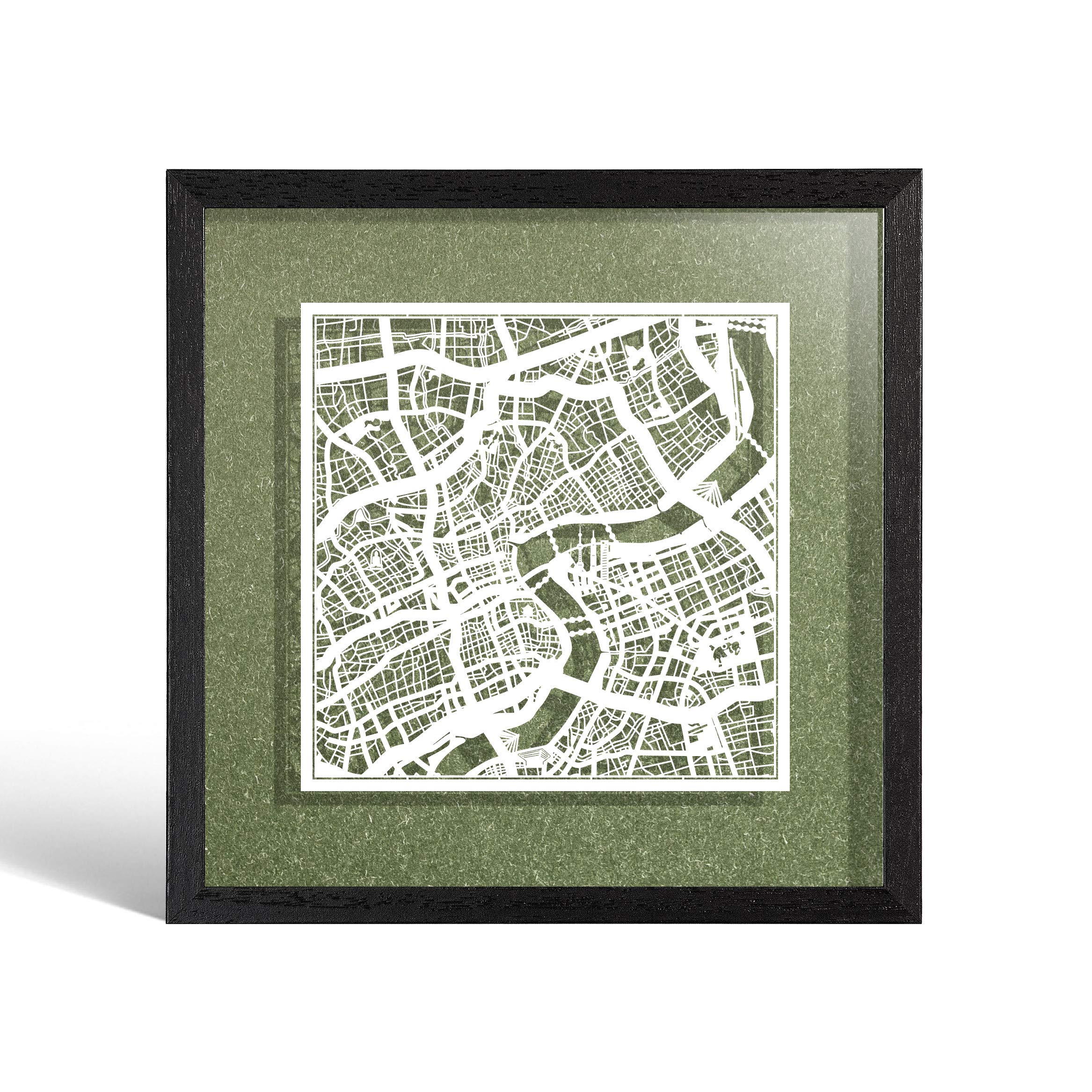 O3 DESIGN STUDIO Shanghai Paper Cut Map framed, White map, Black frame, 9x9 inches, Gift Boxed, 4 background color, self-changing, Paper Art — image 1