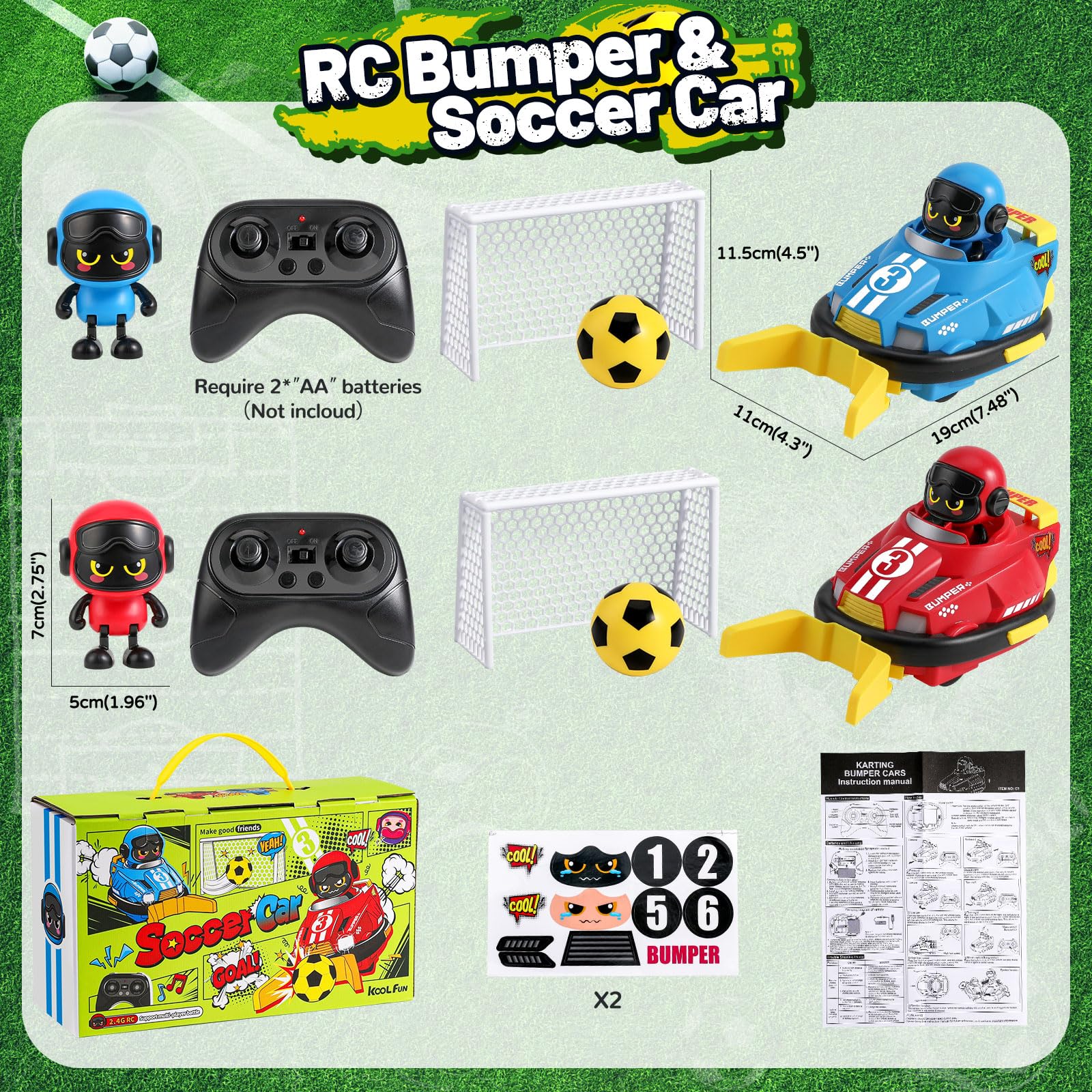 FRUSE Coche Teledirigido con Coche de Choque y Fútbol para Niños 3 4 5 Años | Juegos para 2 Jugadores, Figurine Éjectable, Música y Luz, 2,4 GHz, Batería Recargable, RC Car, Regalos para niños 3 4 5 Años