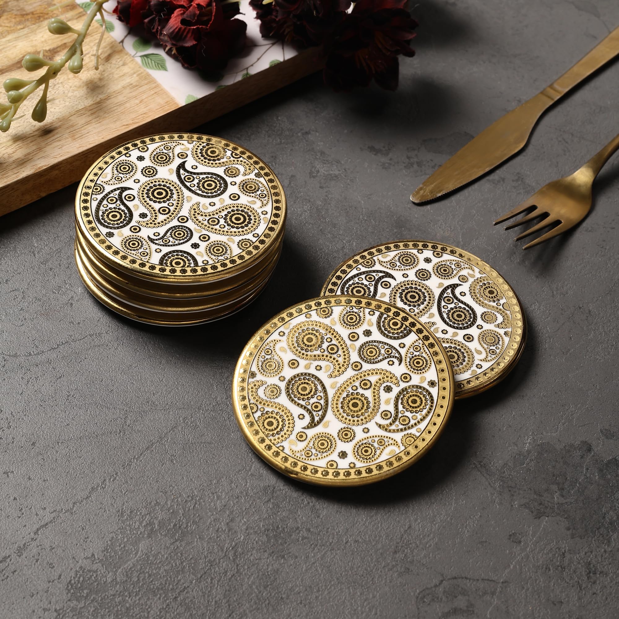 Luxury Ceramic Coaster Set of 6 | Gold Printed Tea & Coffee Cup Coasters with Non-Slip Base | Premium Heat Resistant Table Coasters for Dining Table, COS03-picture-21