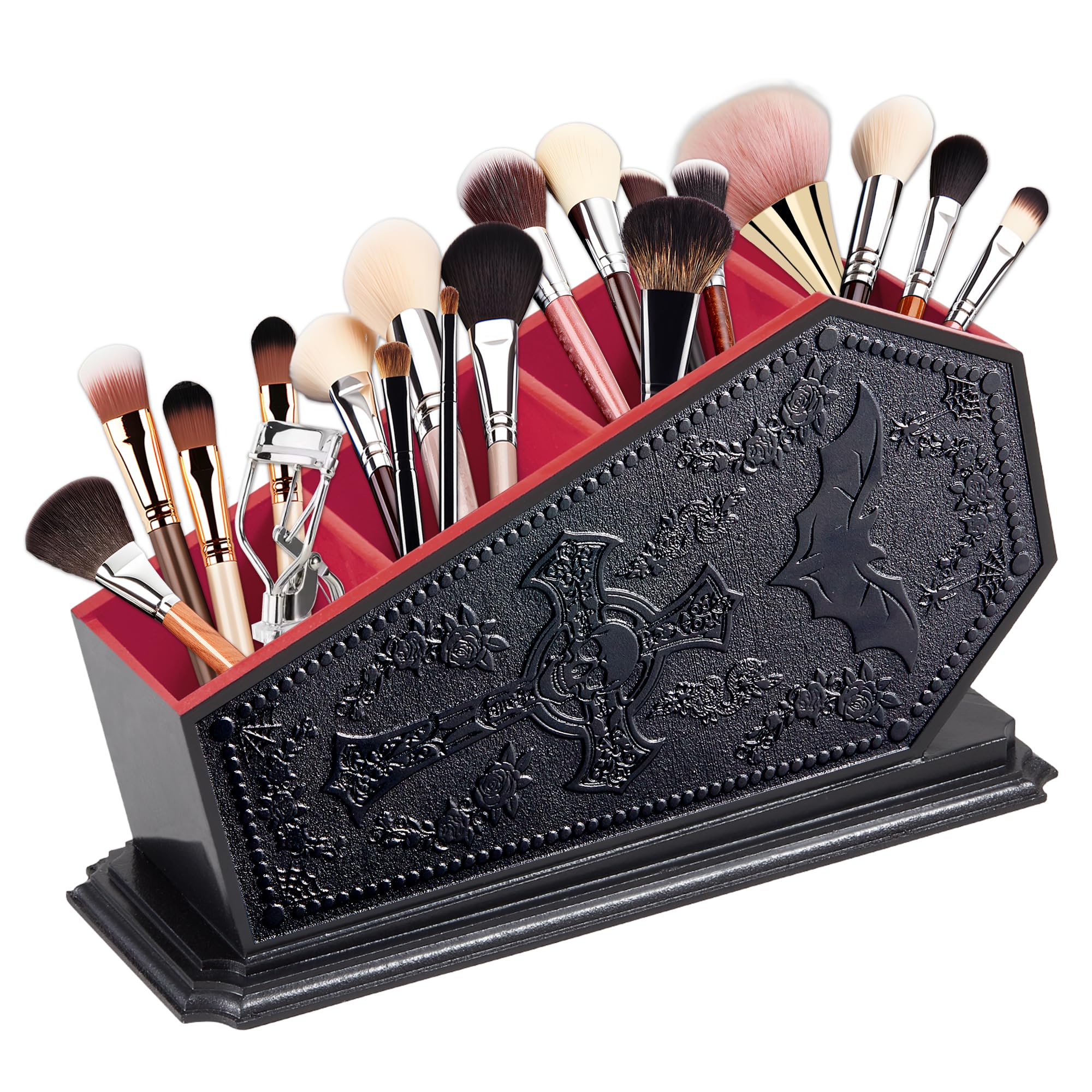Photo 1 of Gothic Coffin Decor Makeup Brush Holder,Spooky Witchy Gifts for Women,Bat Cosmetic Display Cases,Goth Decor Pen Holder, Vanity, Desk, Office Organizer for Bedroom Bathroom (Red)