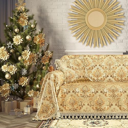 Loom and Mill Fundas de sofá de lujo de tela jacquard, fundas para sofá, protector de muebles con borde de encaje y borlas hechas a mano para